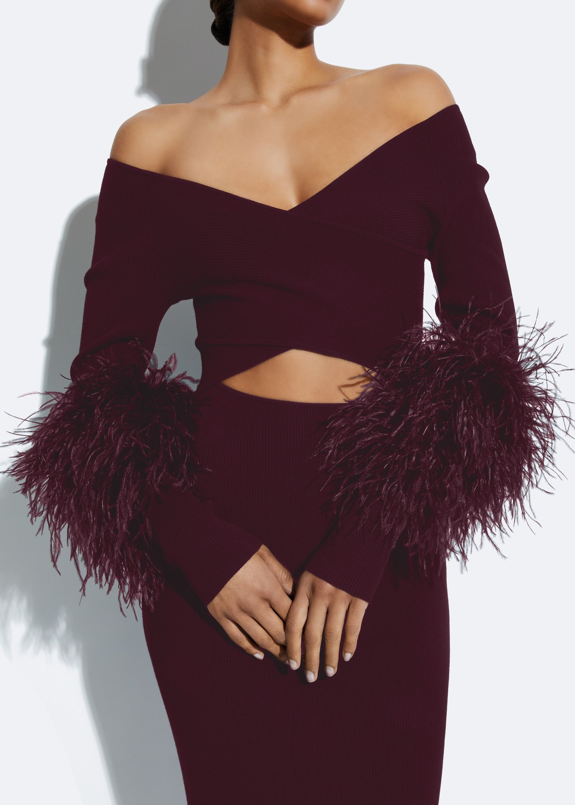 Matte Viscose Cross Front Dress With Feathers - 4