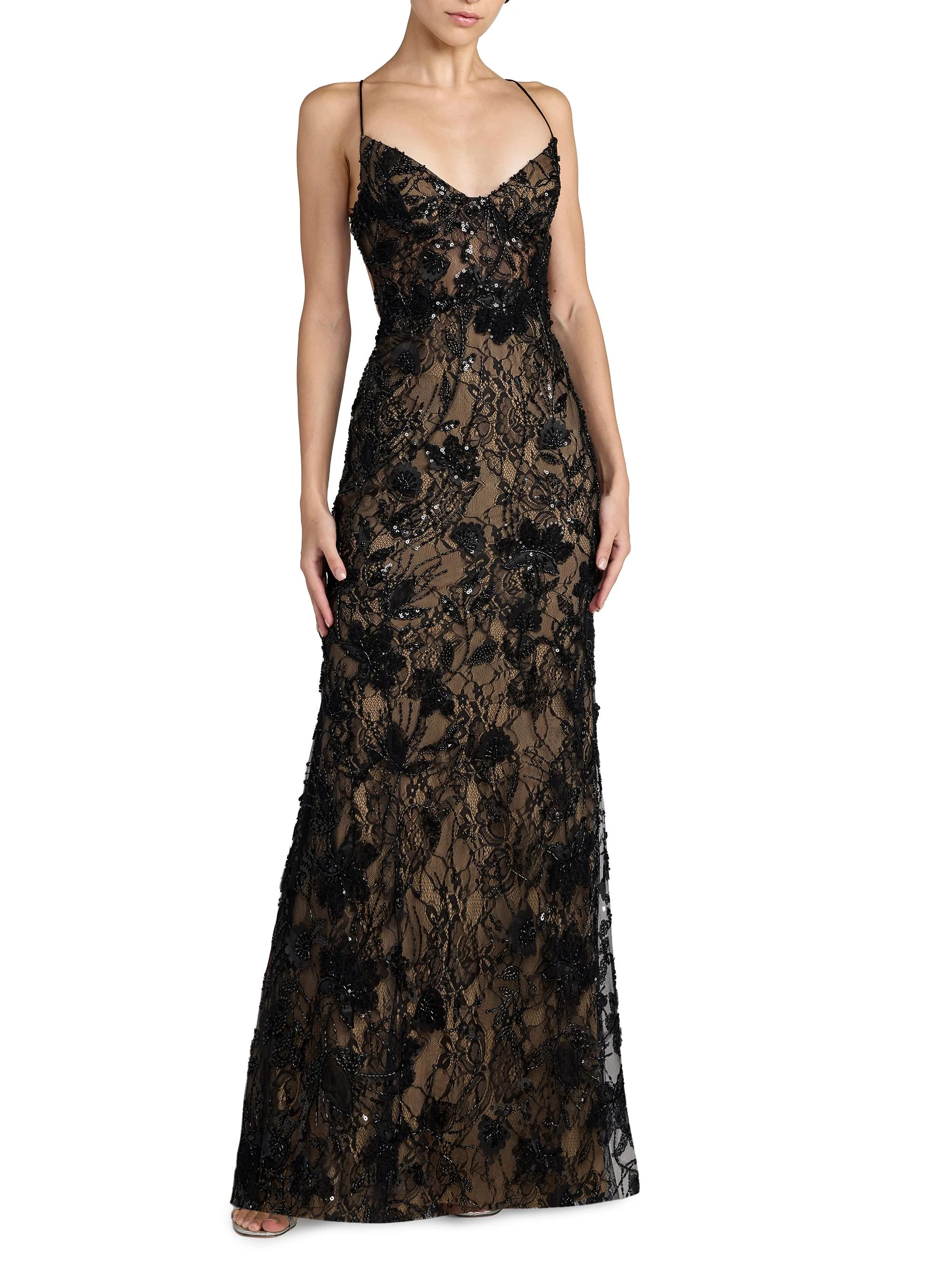 Women's Floral Lace Open-Back Gown - Black Beige - 1