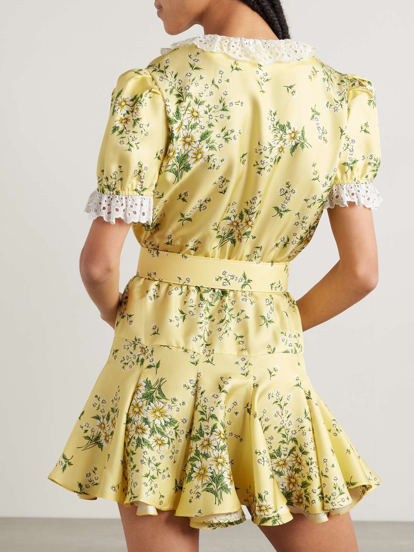Belted broderie anglaise cotton-trimmed floral-print silk-twill mini dress Yellow - 3