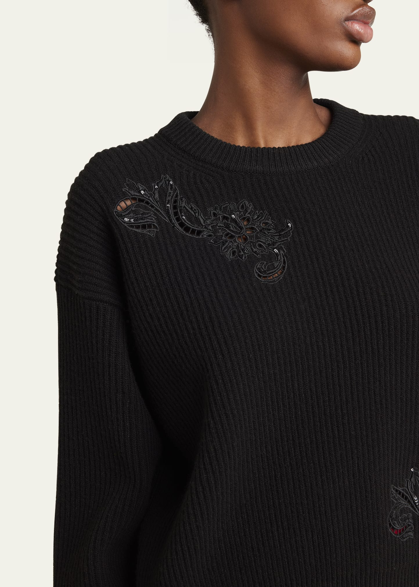 Sequined Barocco Leaf Embroidered Wool Sweater - 5
