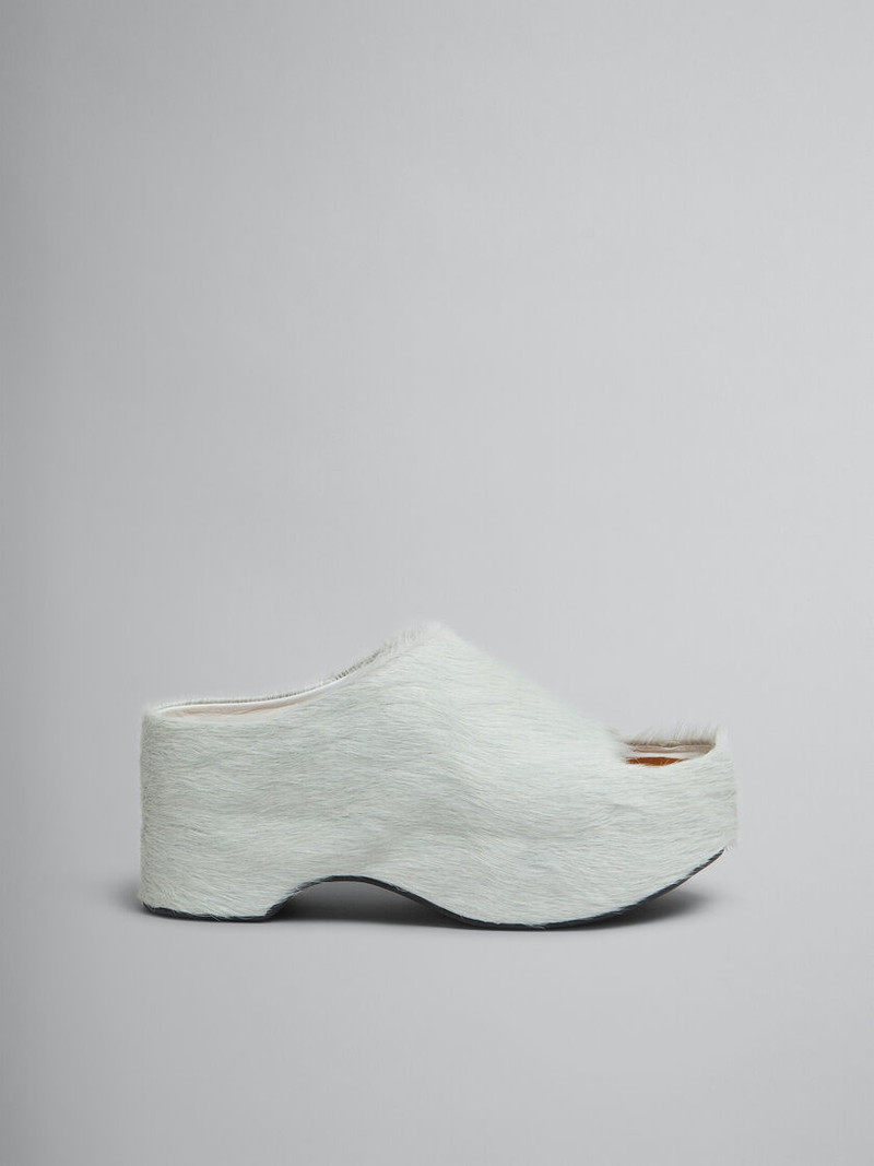 WHITE LONG-HAIR CALFSKIN CHUNKY CLOG SLIDE 1