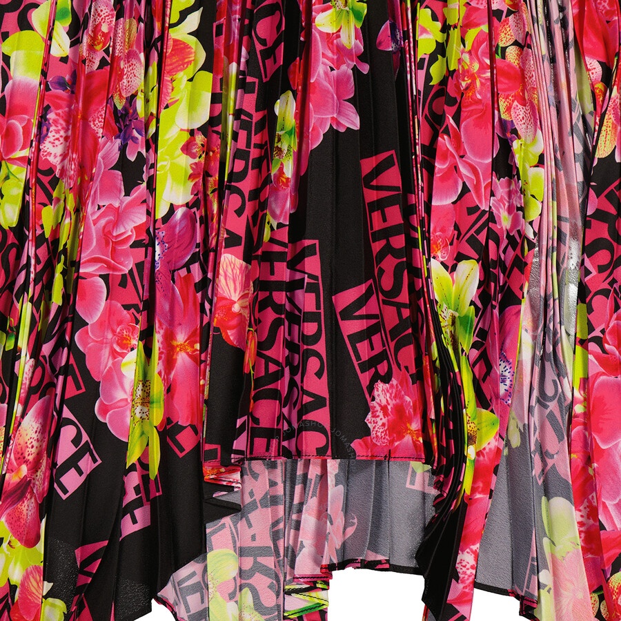 Versace Orchid Print Pleated Crepe De Chine Midi Skirt - 7