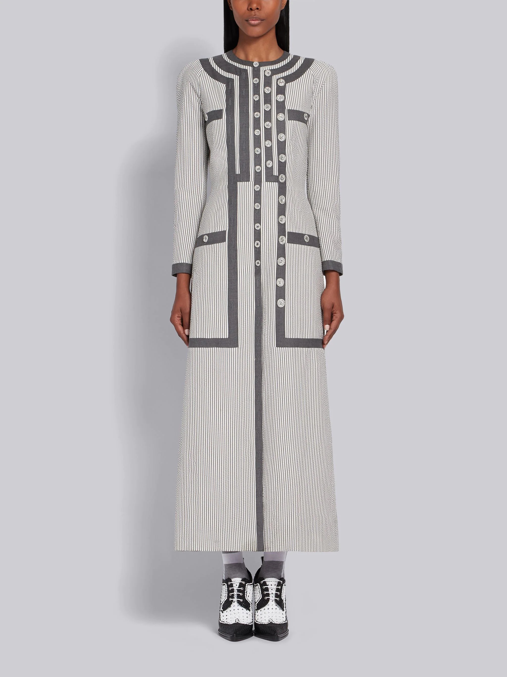 Medium Grey Wool Trompe L'oeil Seersucker Print Cardigan Dress - 1
