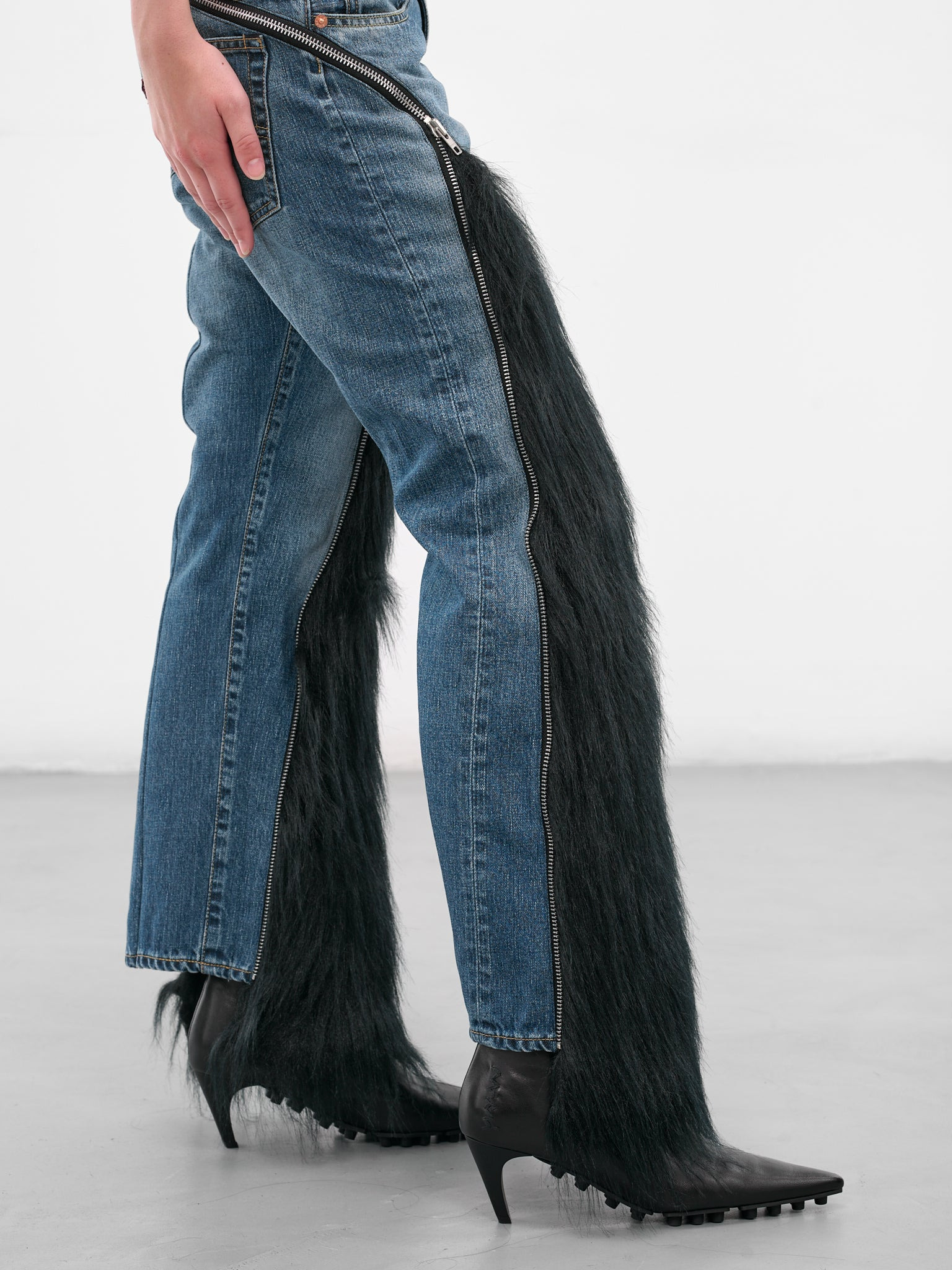 Denim & Fur Paneled Flare Jeans - 5