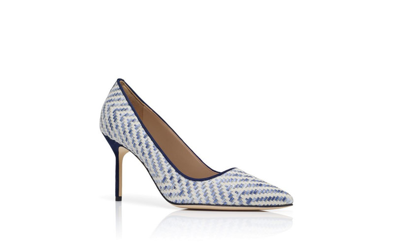 Navy Blue and White Raffia Pointed Toe Pumps 3