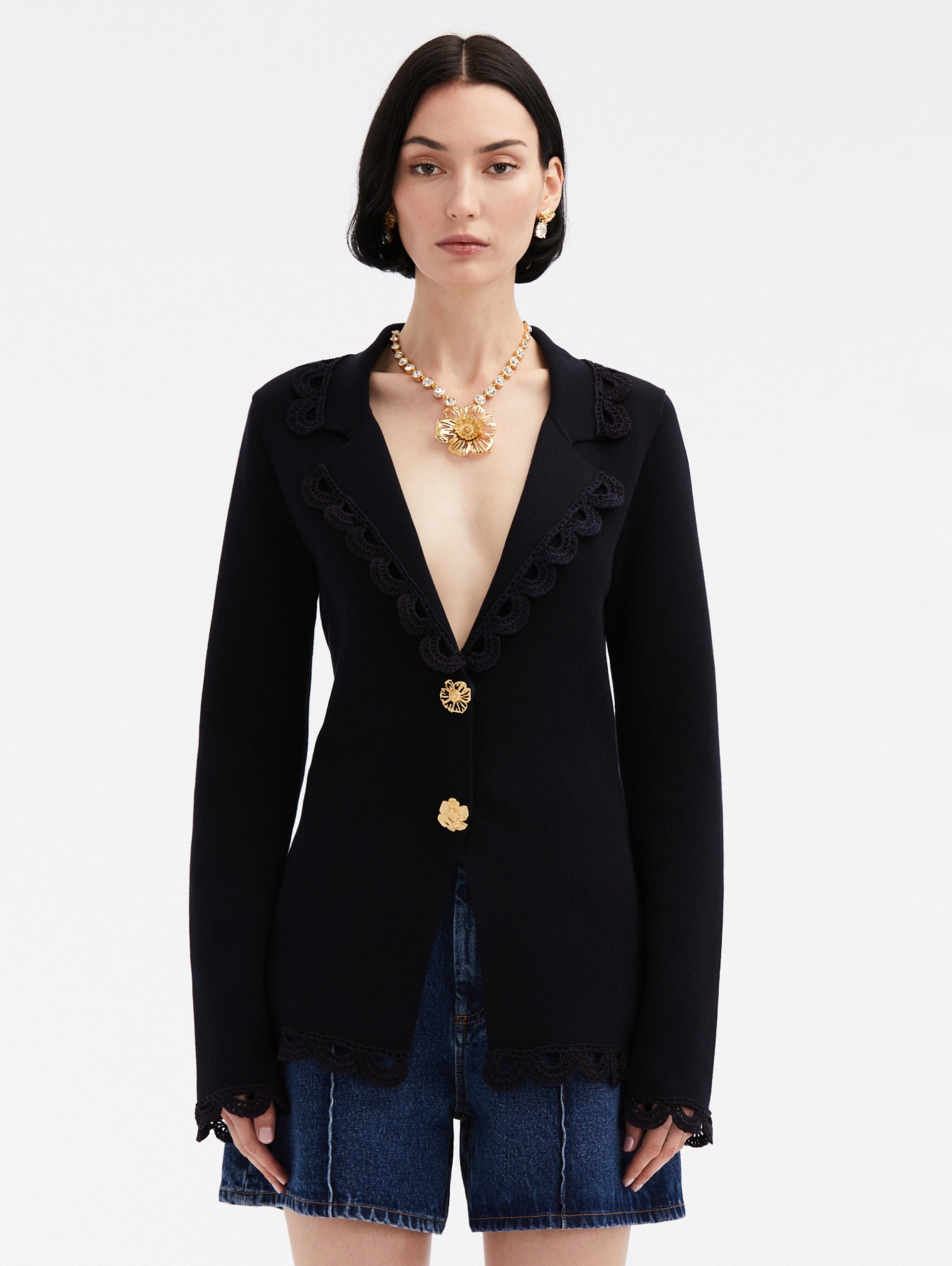 FLORAL BUTTON CROCHET TRIM JACKET - 1