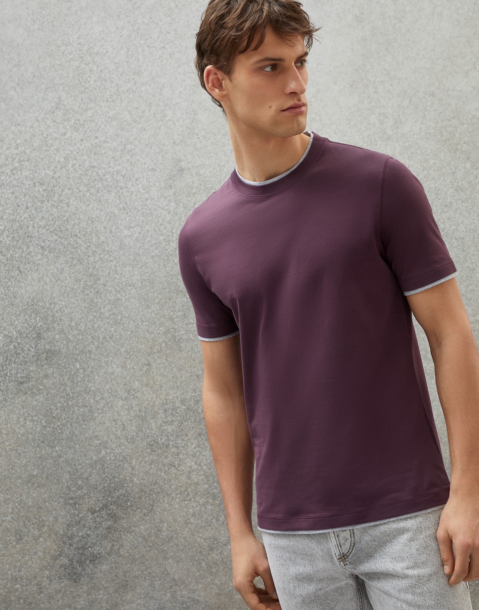 Cotton jersey round neck slim fit T-shirt with faux-layering - 1