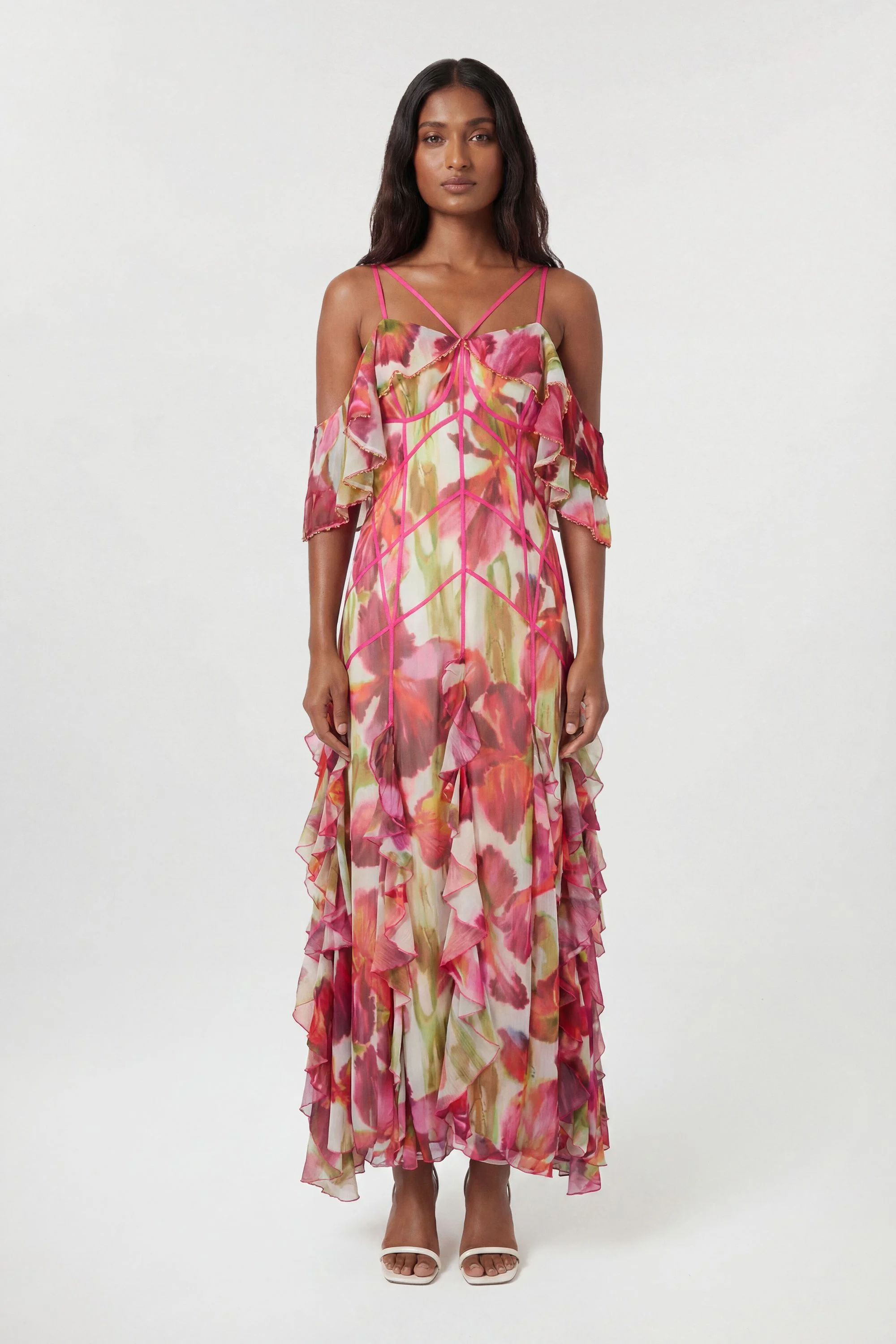 Crinkle Floral Print Beaded Cold Shoulder Maxi Dress - 1