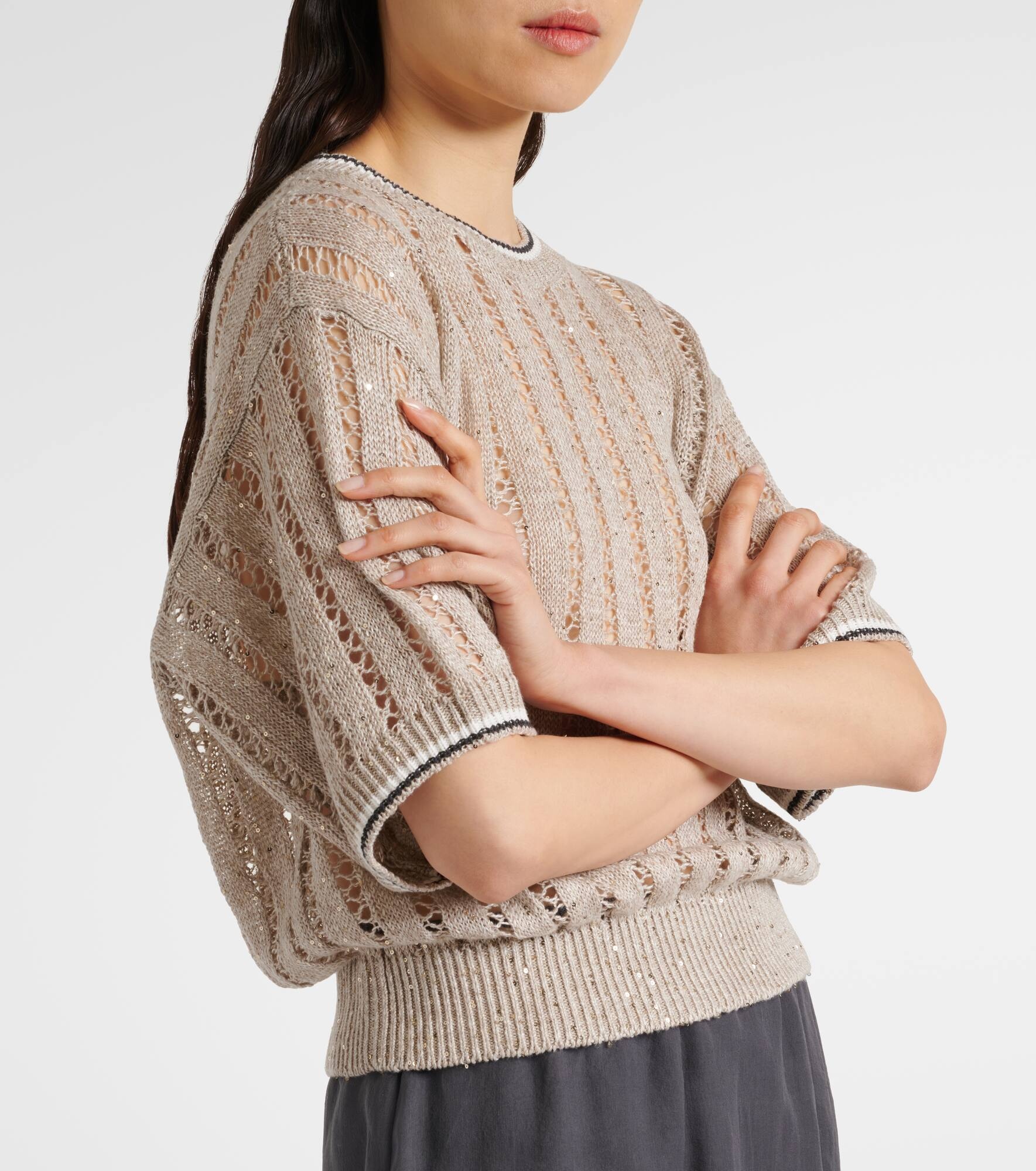 Sequined open-knit linen-blend top - 4