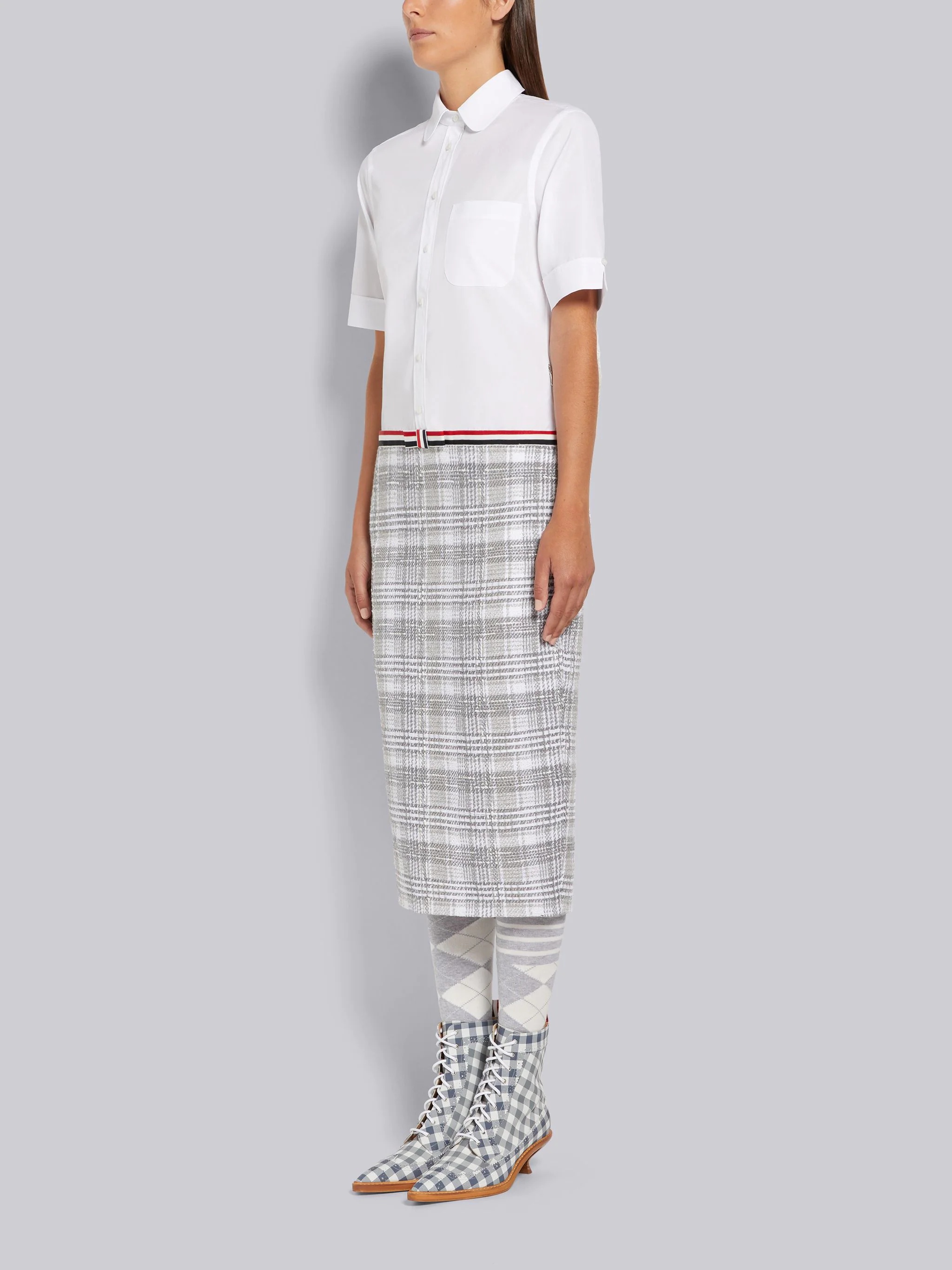 Medium Grey Hairline Madras Check Ribbon Tweed Pencil Skirt Short Sleeve Below the Knee Shirtdress - 2