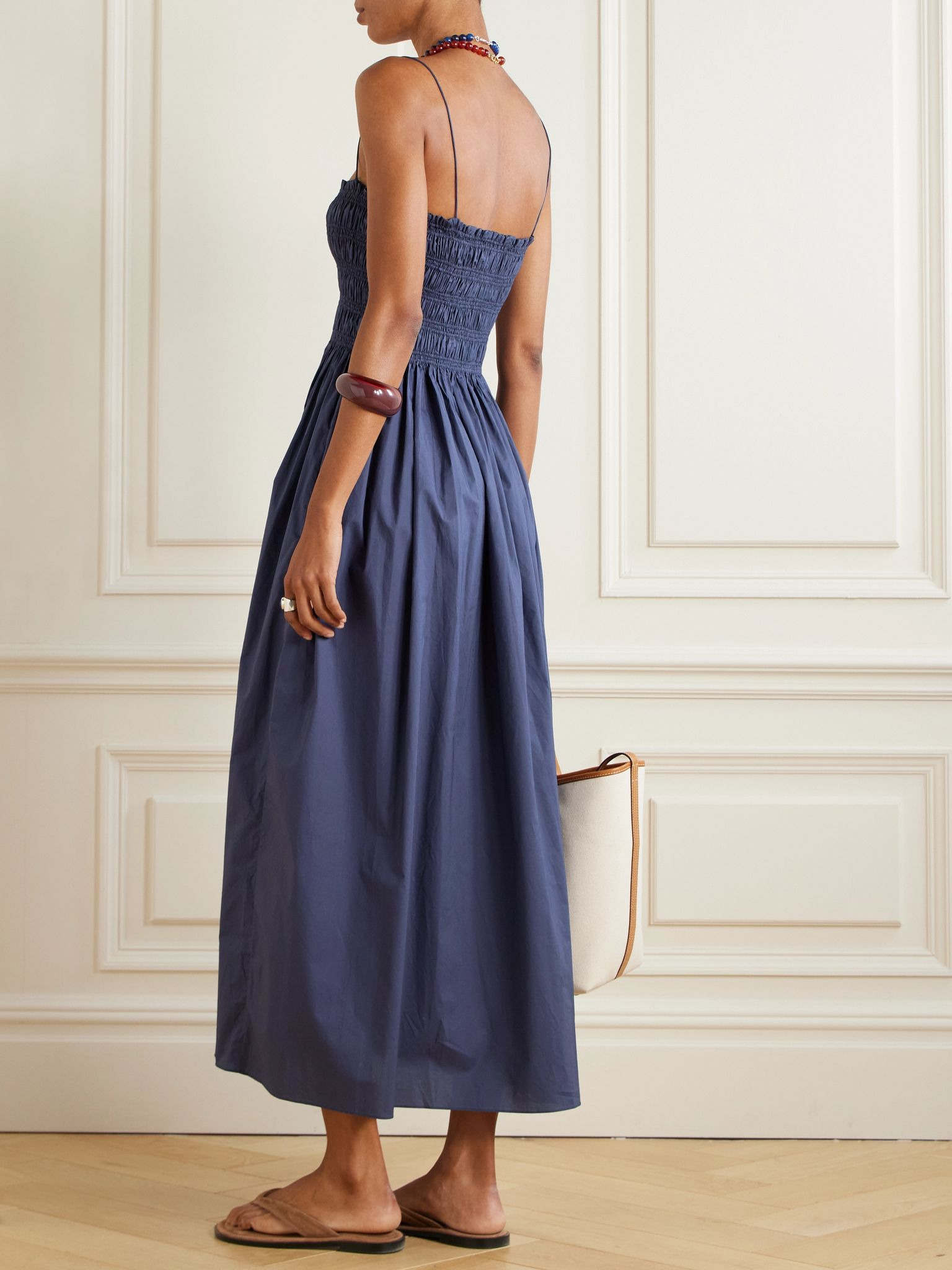 Shirred organic cotton midi dress Blue - 3