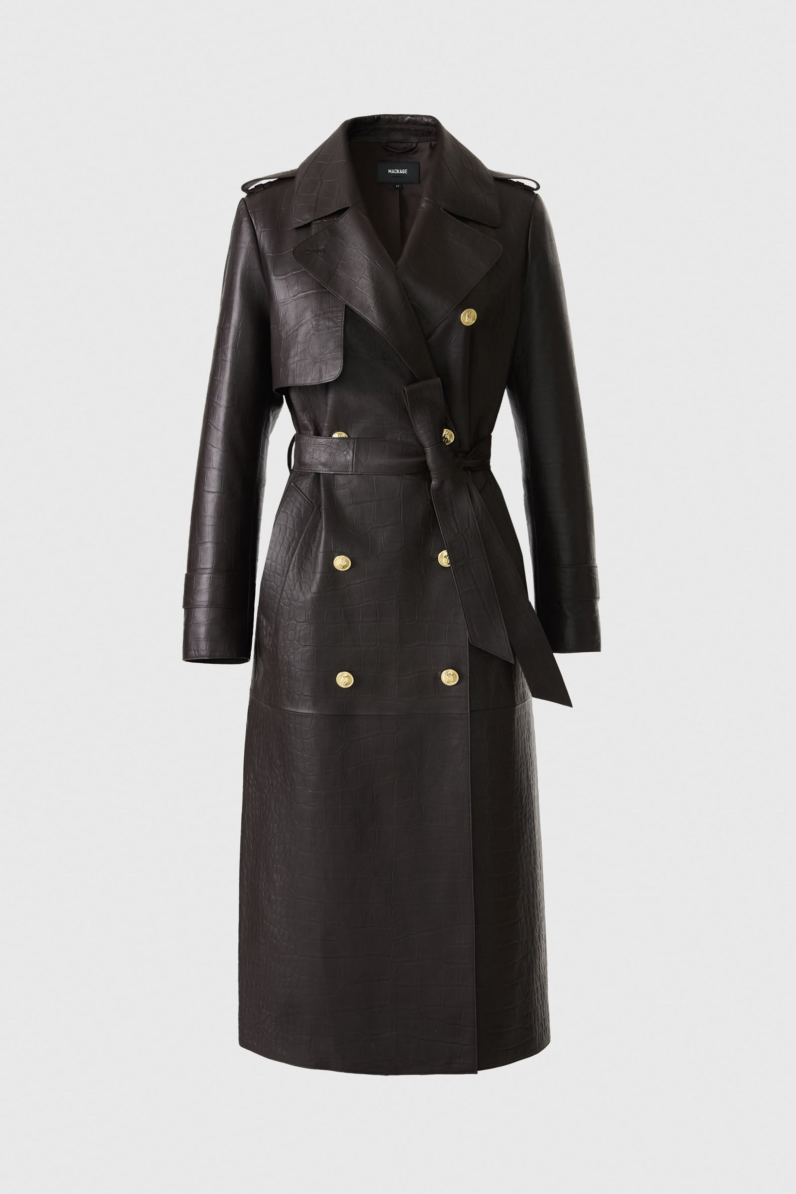 GAEL-NV Croc-Embossed Maxi Leather Trench Coat - 3