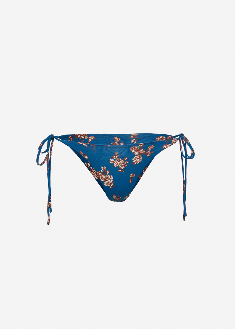 String tie swim bottom in blue floral print 1