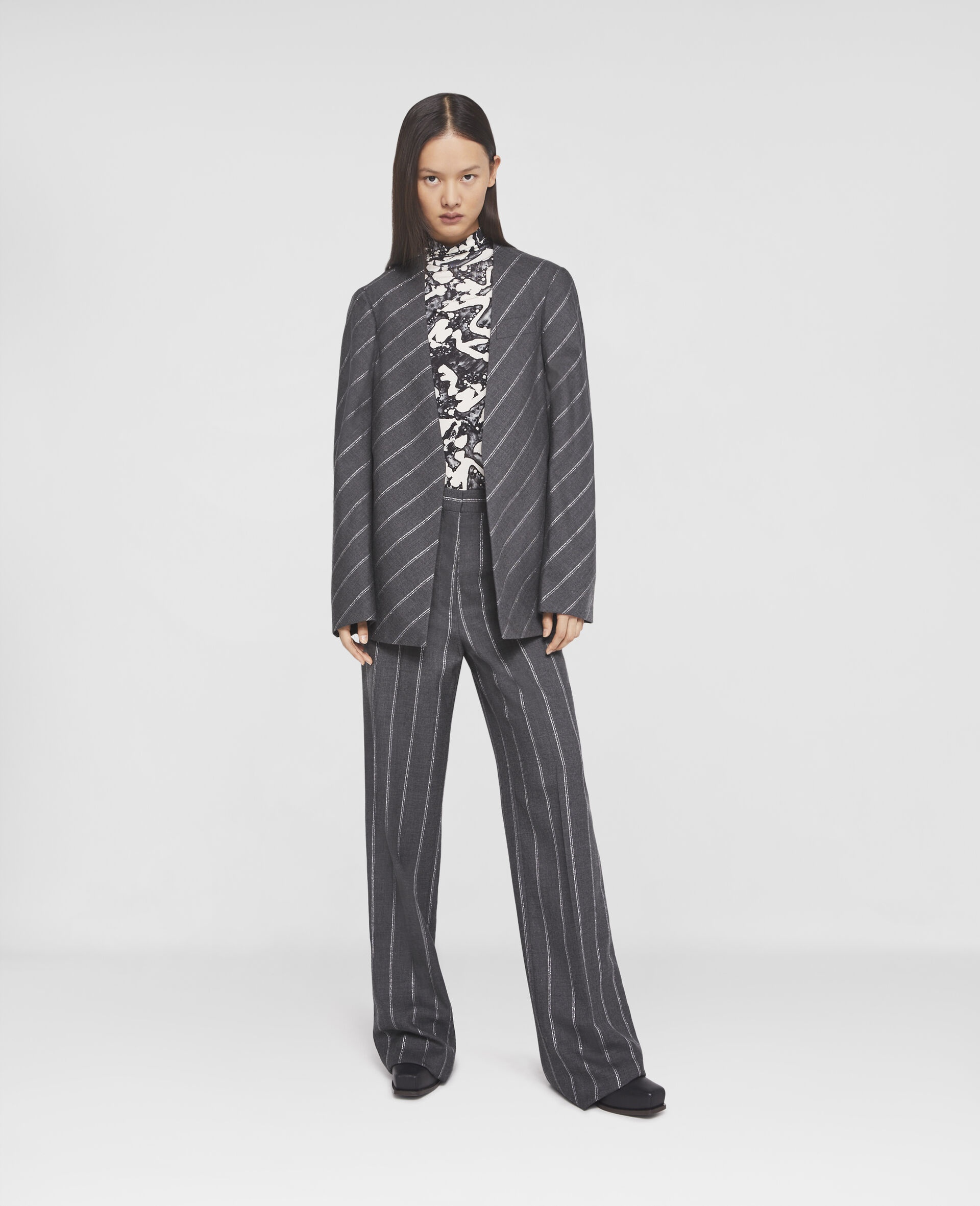 Pinstripe Slim Fit Collarless Jacket - 2