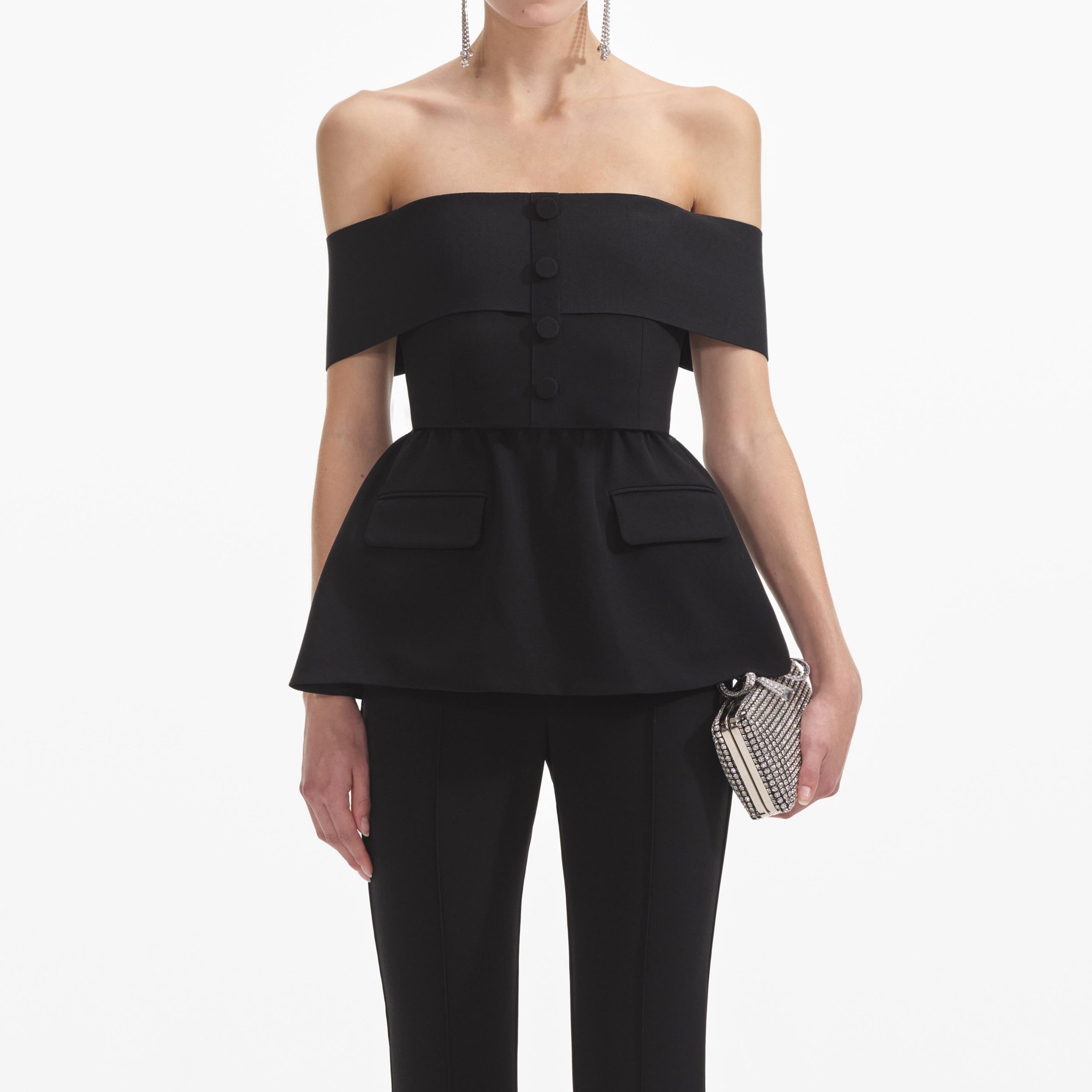 Black Crepe Off Shoulder Jumpsuit - 4