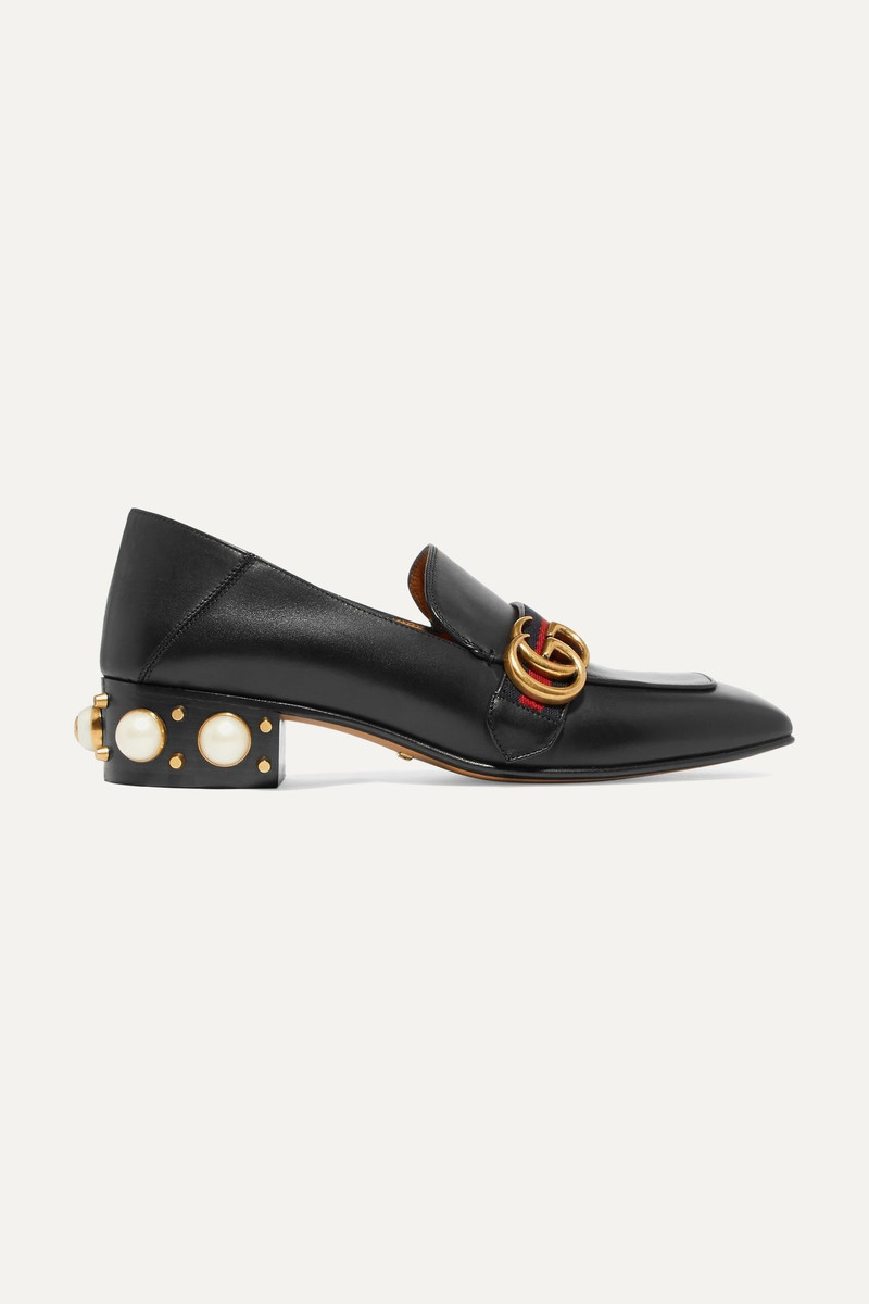 Peyton logo and faux pearl-embellished leather collapsible-heel pumps - 1