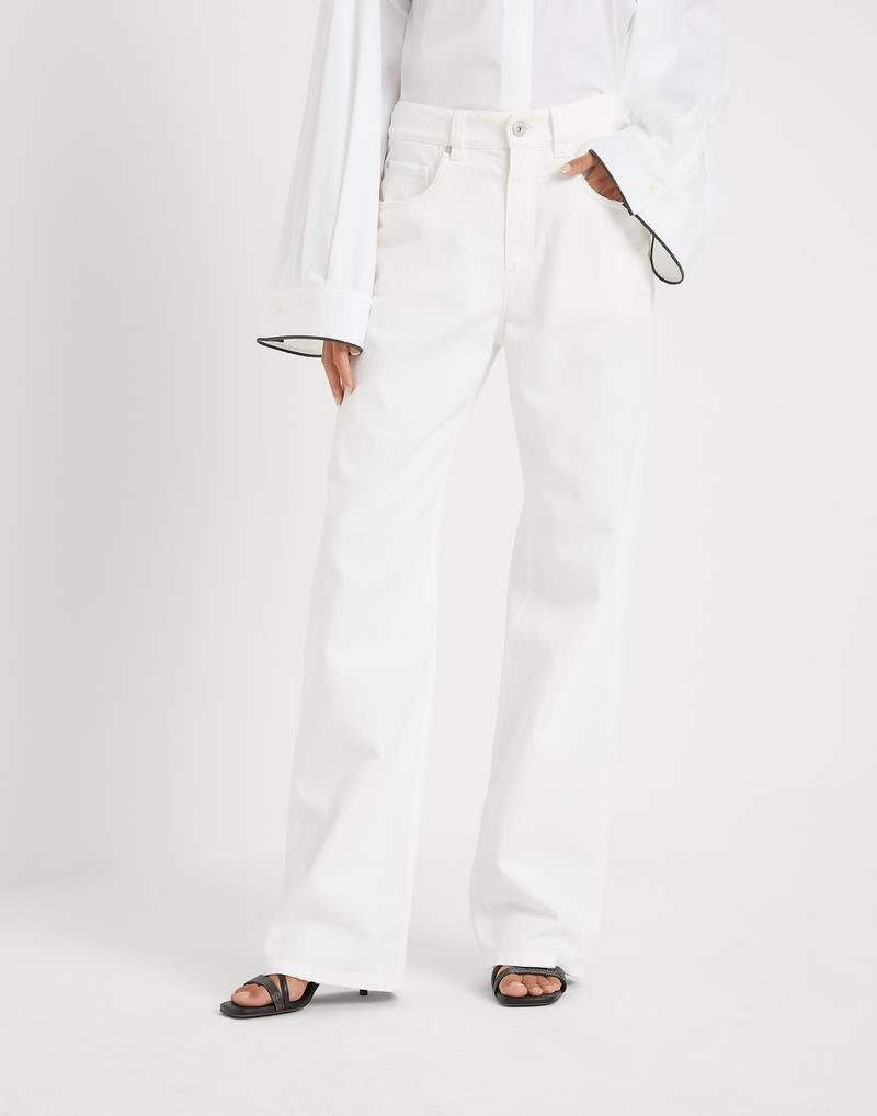 Stretch dyed denim loose five-pocket trousers with shiny tab 1