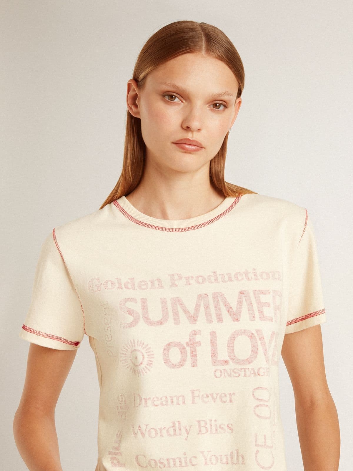 Women's cream T-shirt with faded red accents - 5