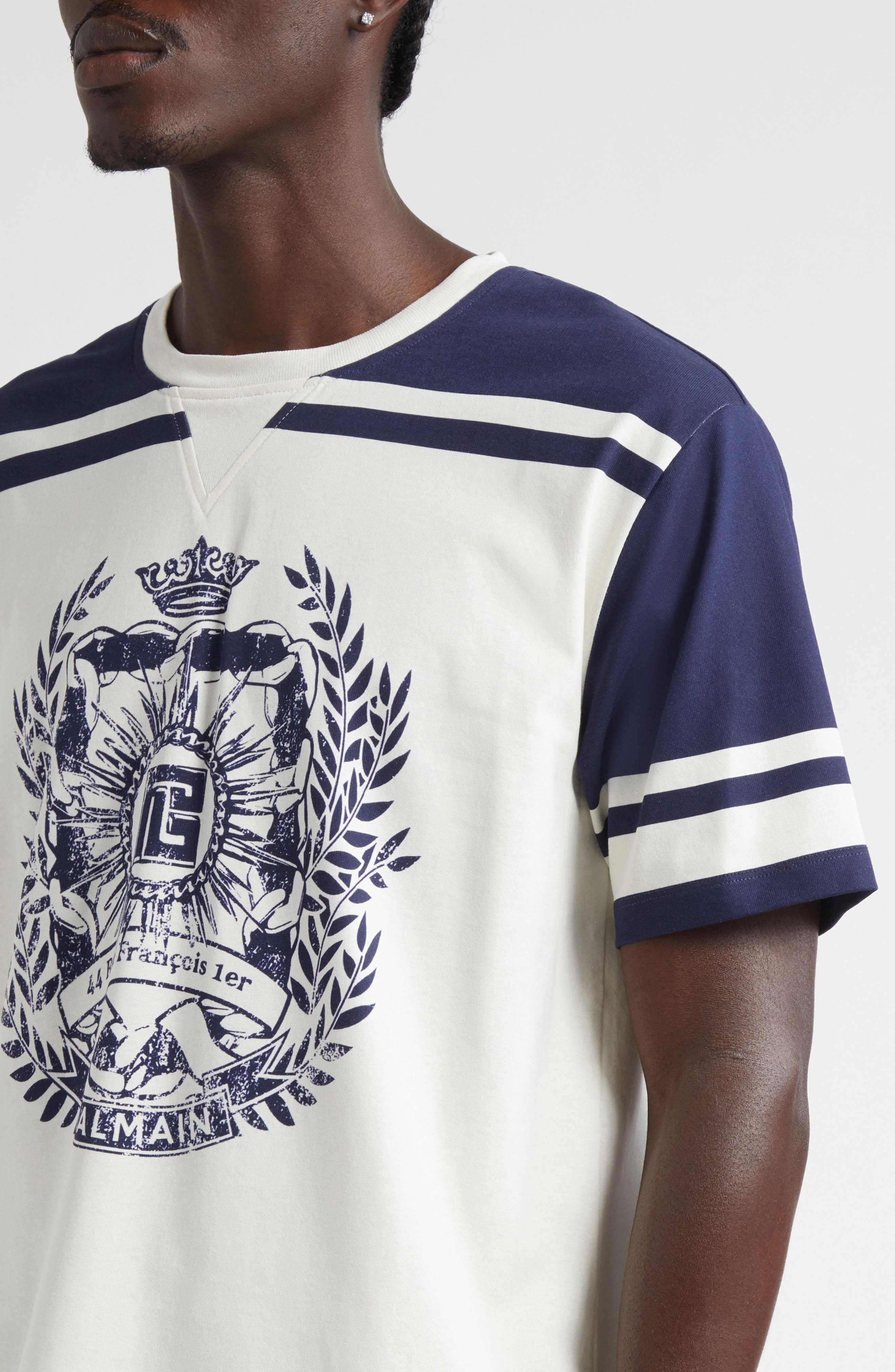 Balmain Emblem Varsity T-Shirt in Gtj Cream/Navy at Nordstrom - 5