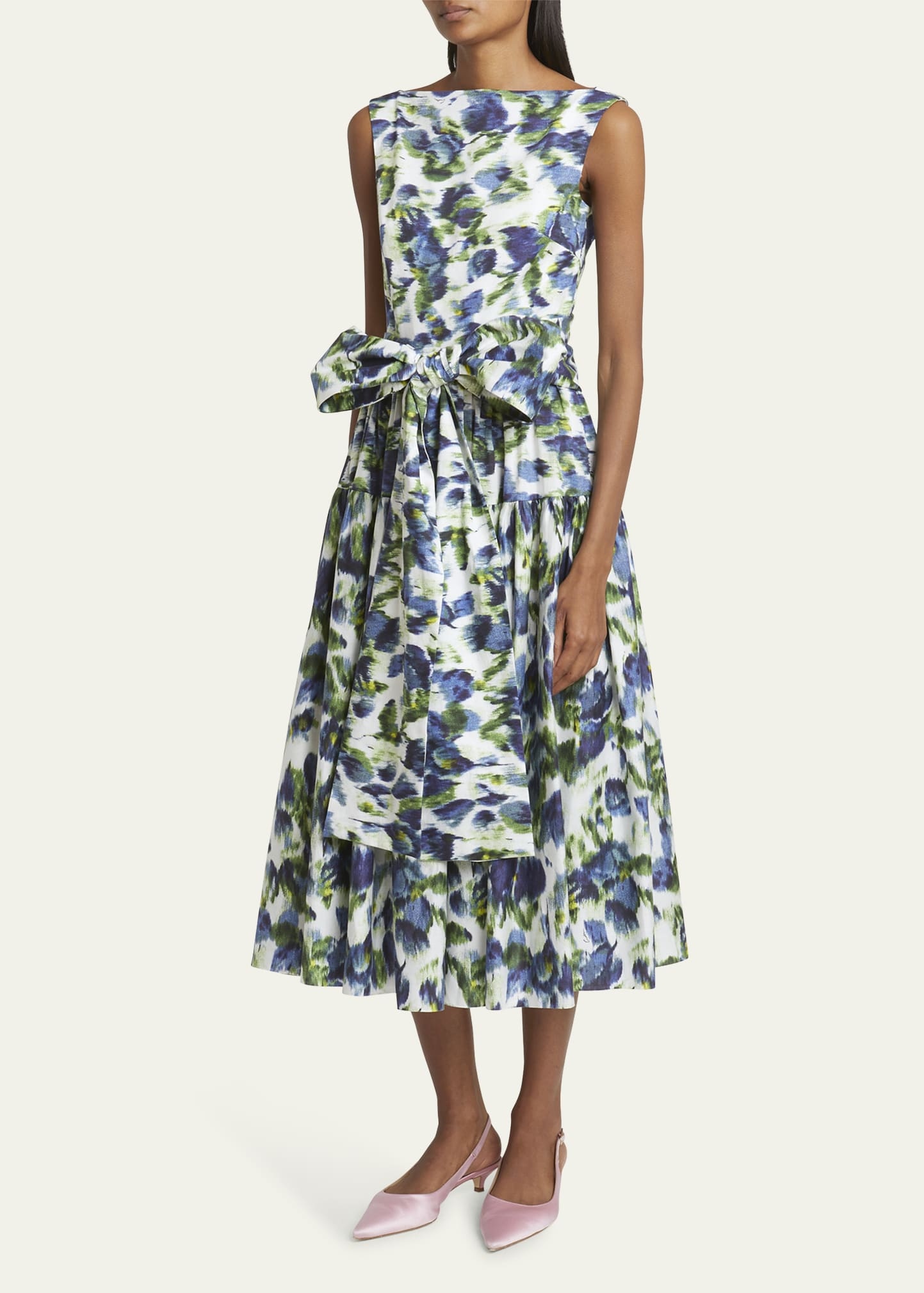 Floral Abstract Print Bow Midi Dress - 4