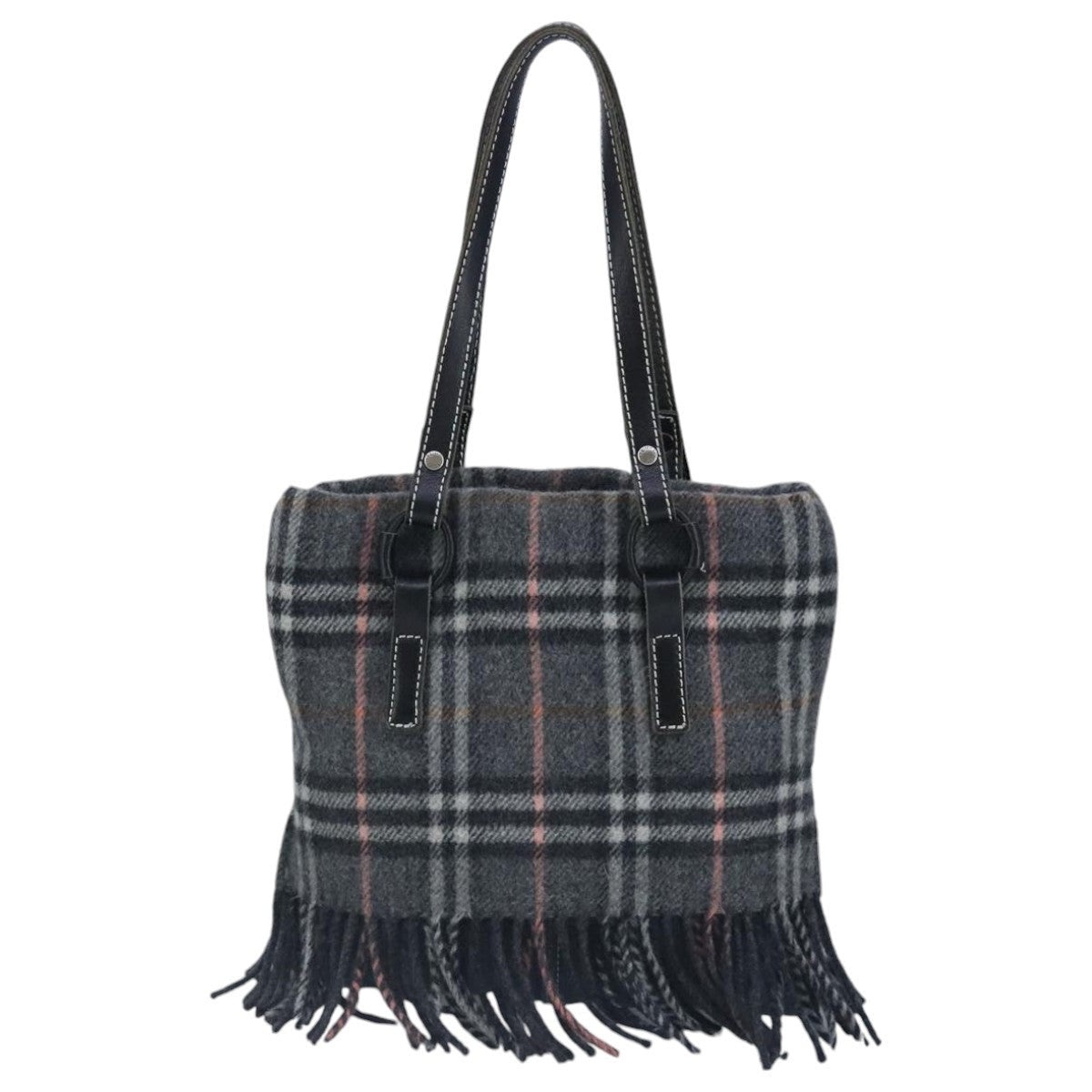 Burberry Nova Check Scarf Style Blue Label Hand Bag Wool Gray Silver - 2