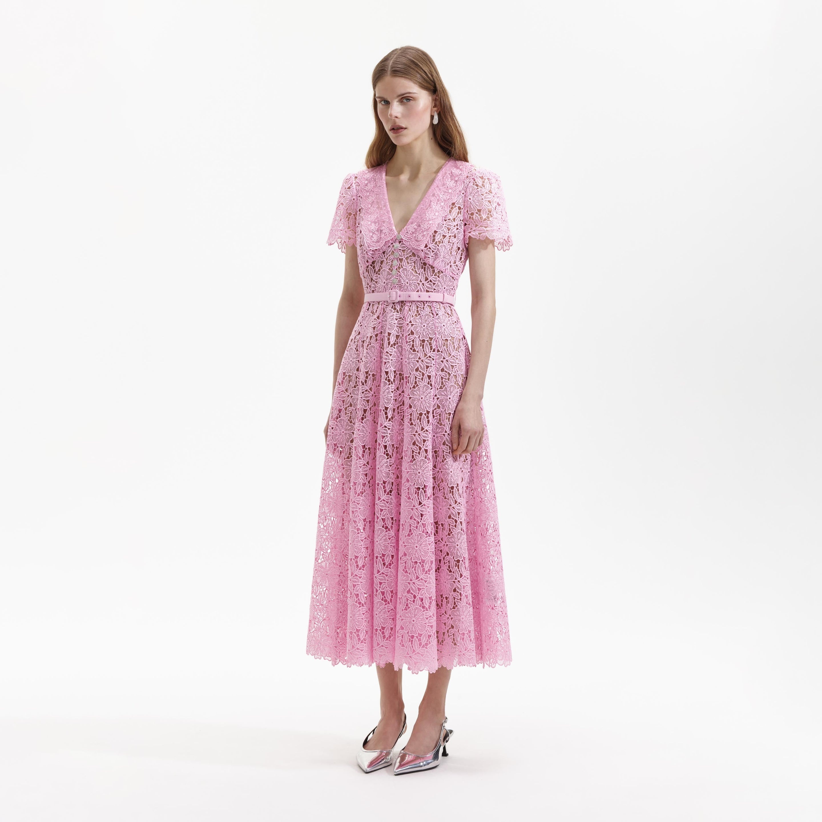 Pale Pink Guipure Lace Midi Dress - 2