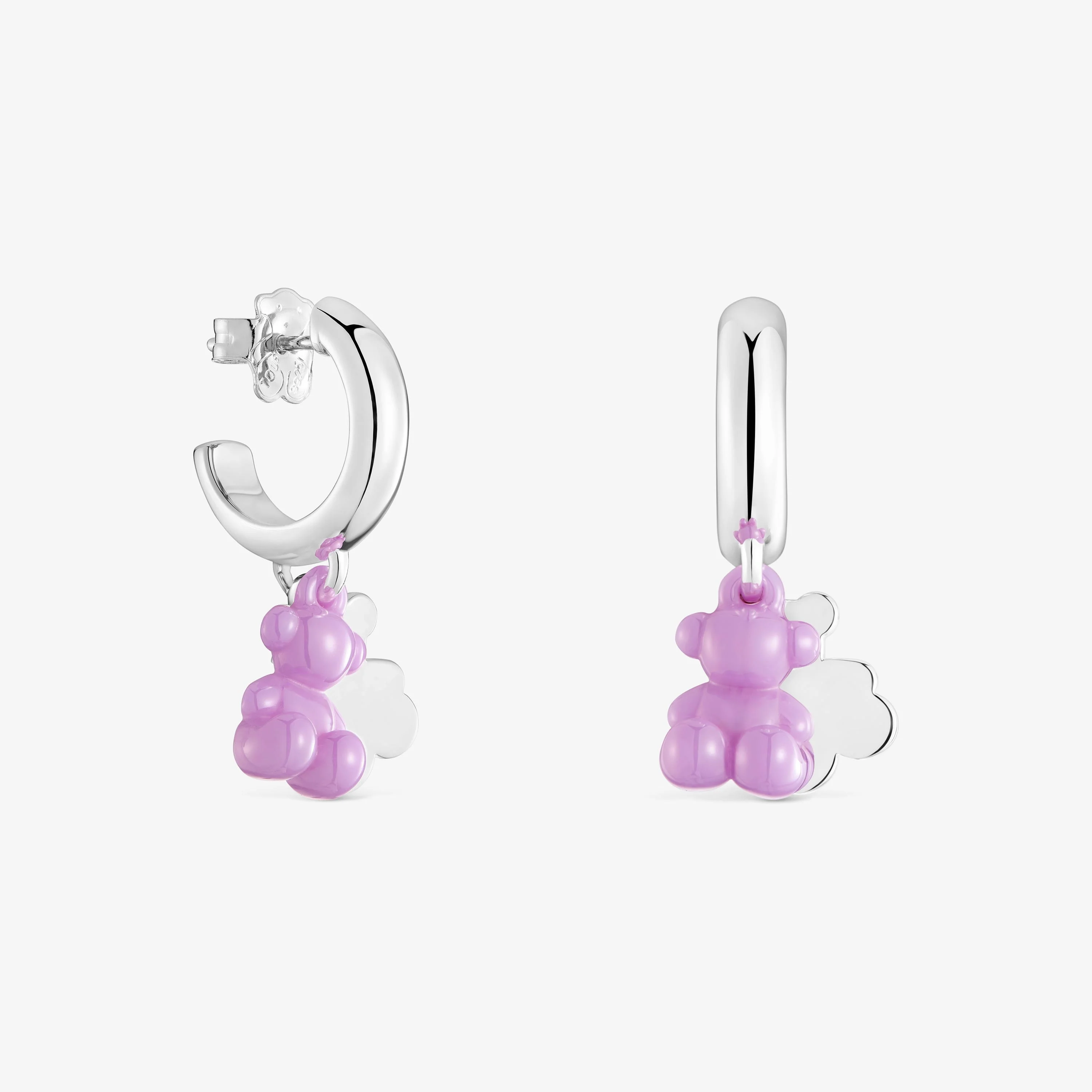 Silver Hoop earrings with lilac-colored ceramic and double bear Bold Bear - 1