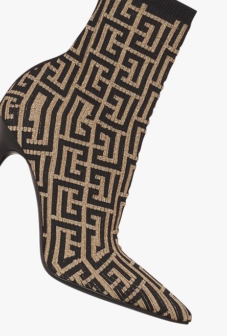 Bicolor shiny stretch knit Skye ankle boots with gold and black Balmain monogram - 5