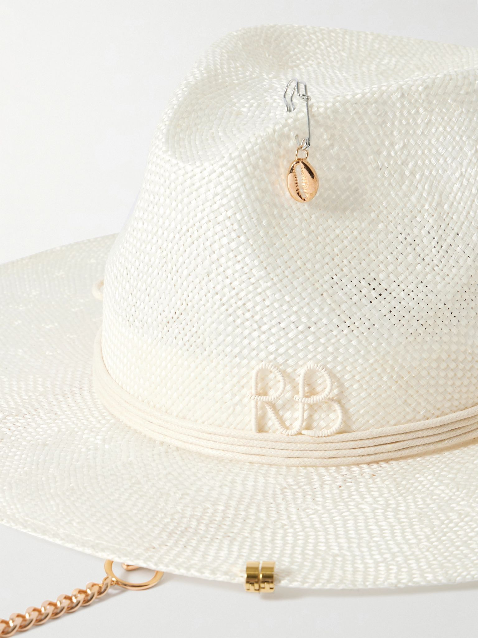 Embroidered embellished cotton-trimmed straw fedora Off-white - 3
