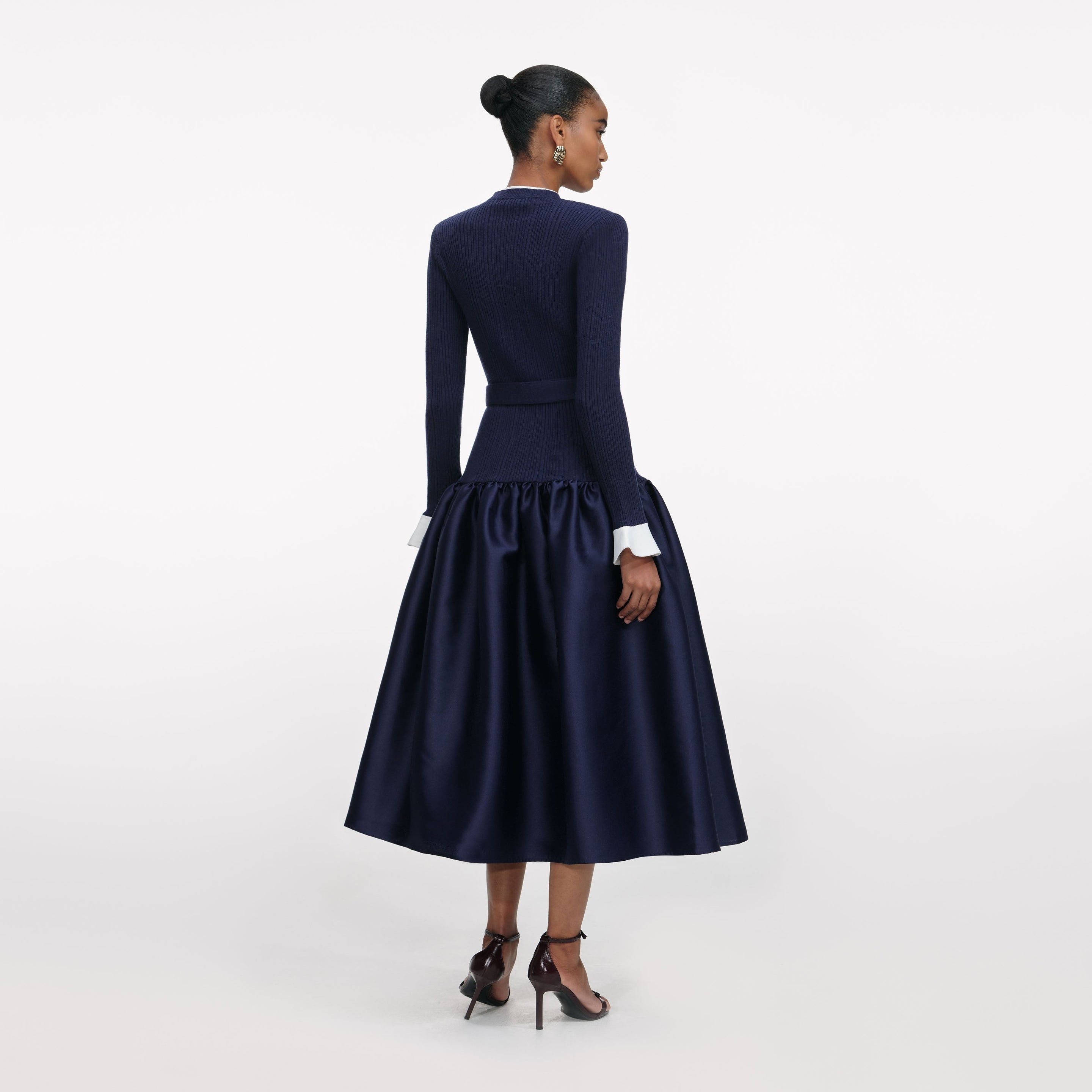 Navy Knit Taffeta Midi Dress - 3