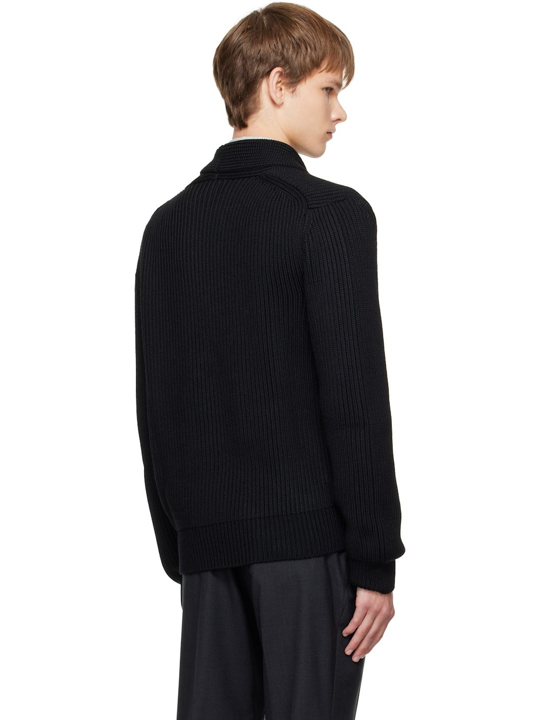 Black Wool Silk Shawl Collar Cardigan - 3