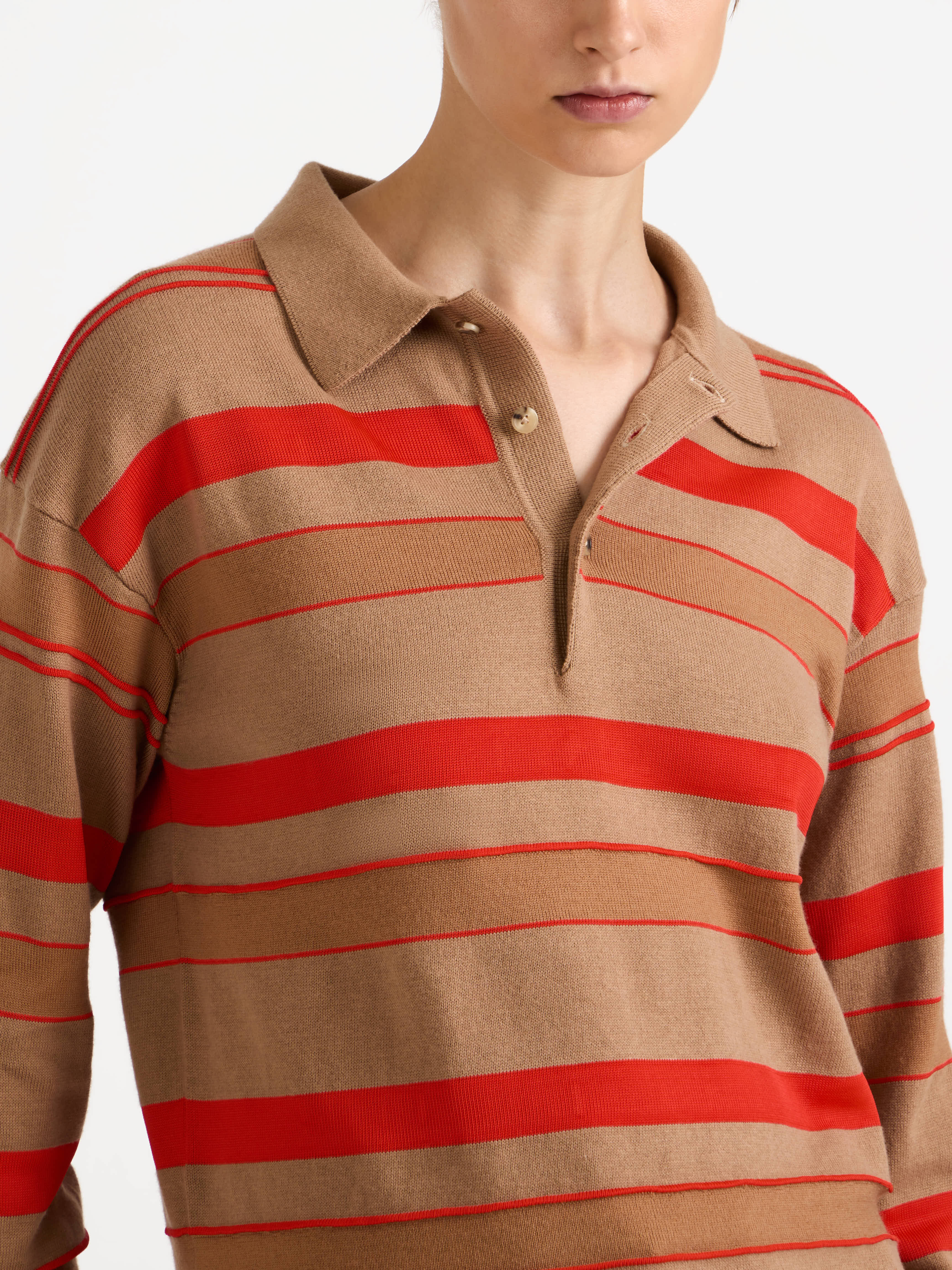 KNITTED STRIPED RUGBY POLO TOP IN BISCUIT - 4