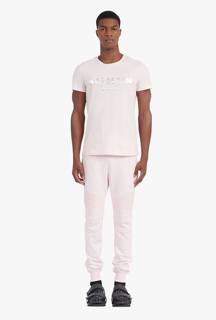 Pale pink eco-designed cotton T-shirt with silver Balmain Paris logo print - 4