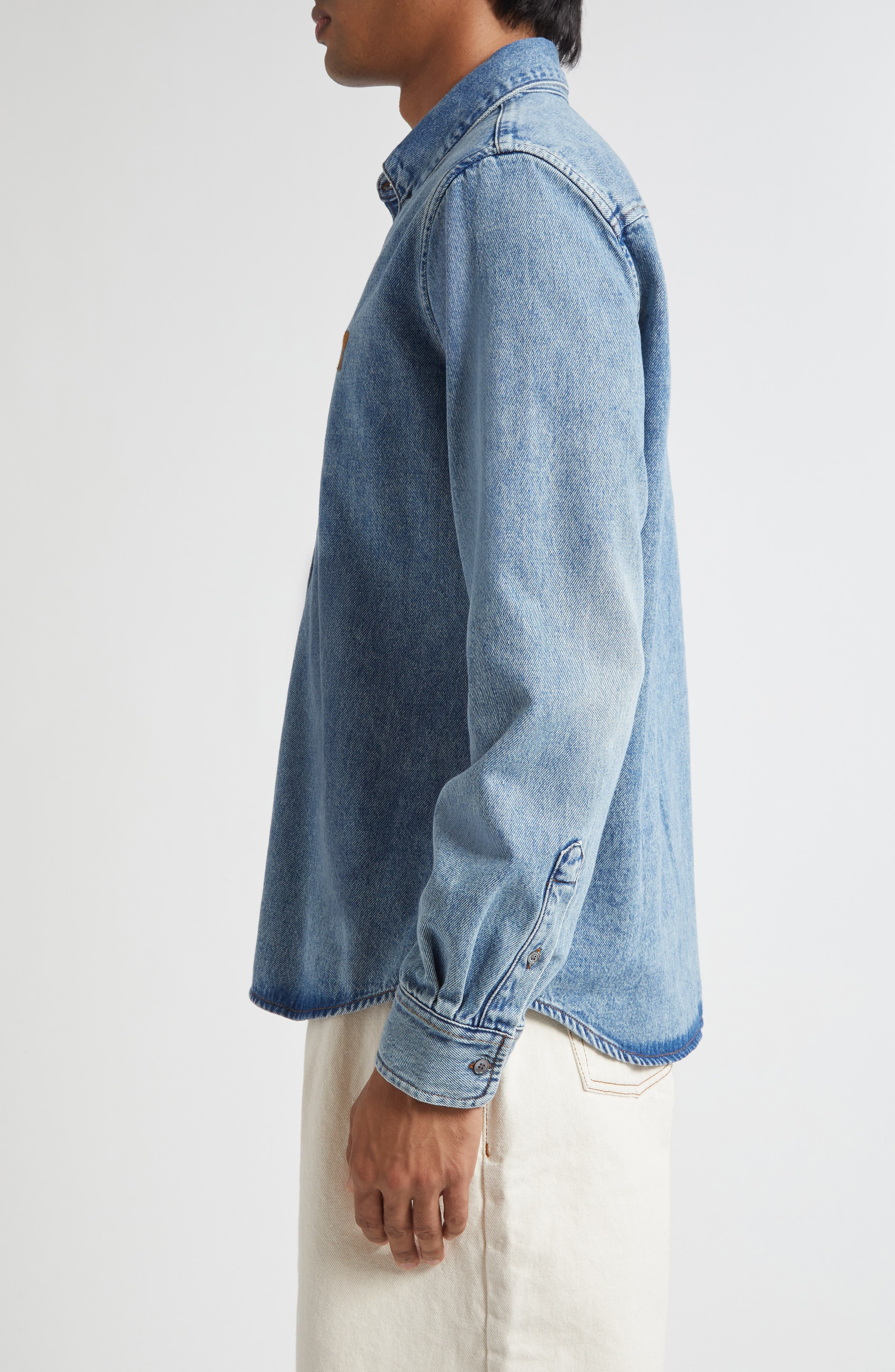 AMI PARIS Ami De Coeur Embroidered Cotton Denim Button-Down Shirt in Bleu Used at Nordstrom - 3