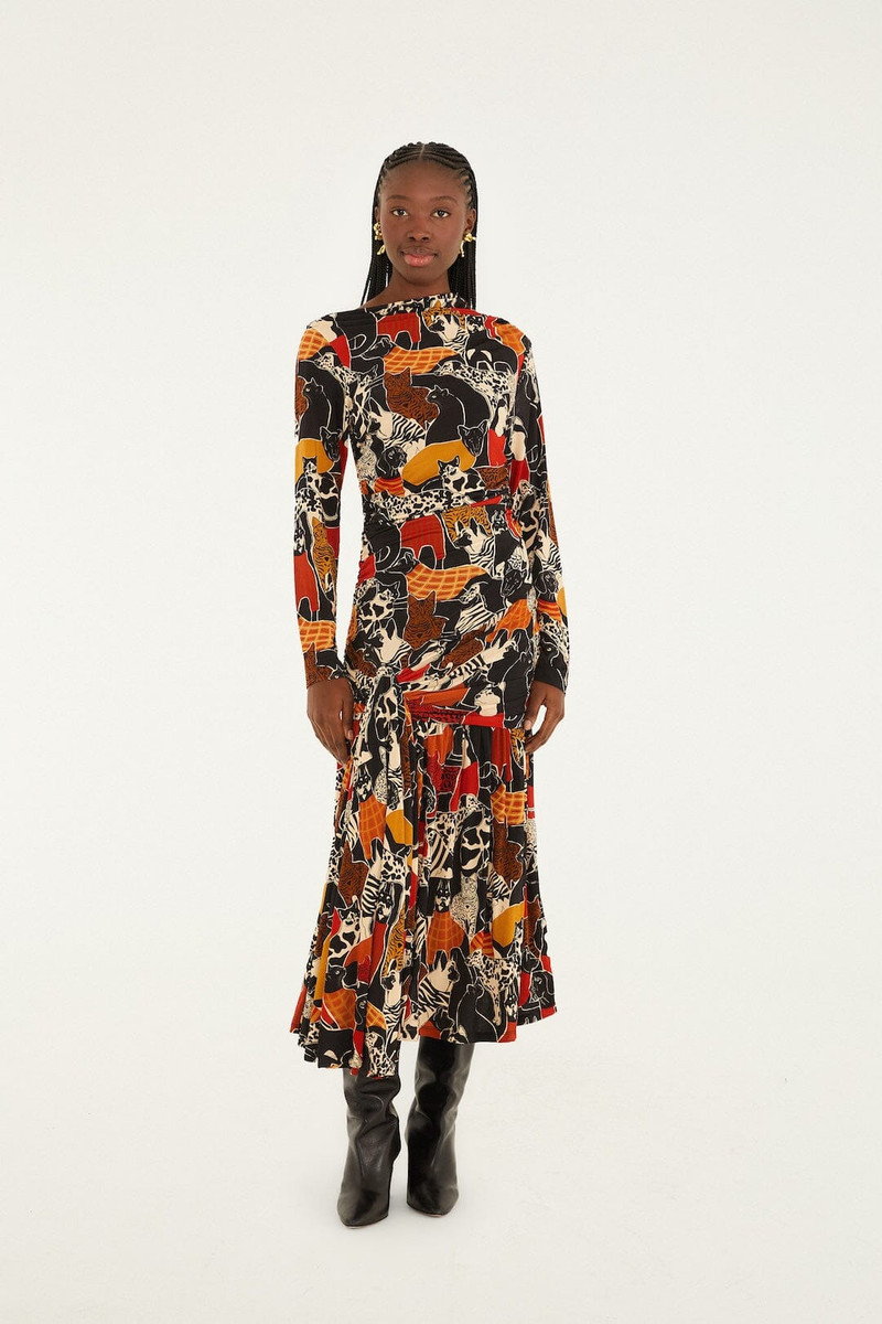 Multicolor Cats And Dogs Long Sleeve Draped Midi Dress 1