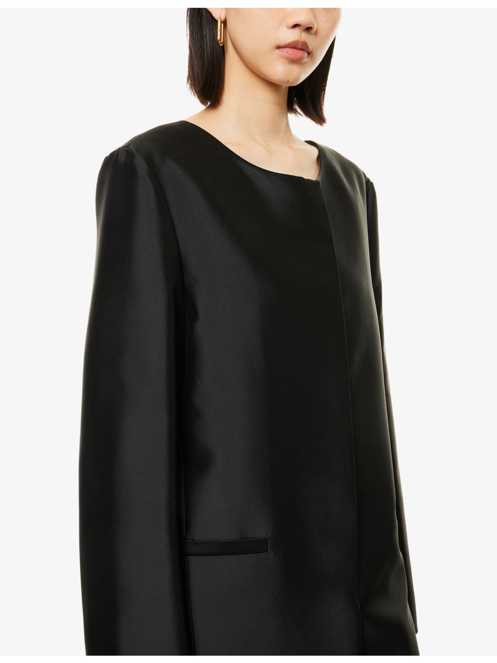 Collarless Tailored Long Silk Coat - 5