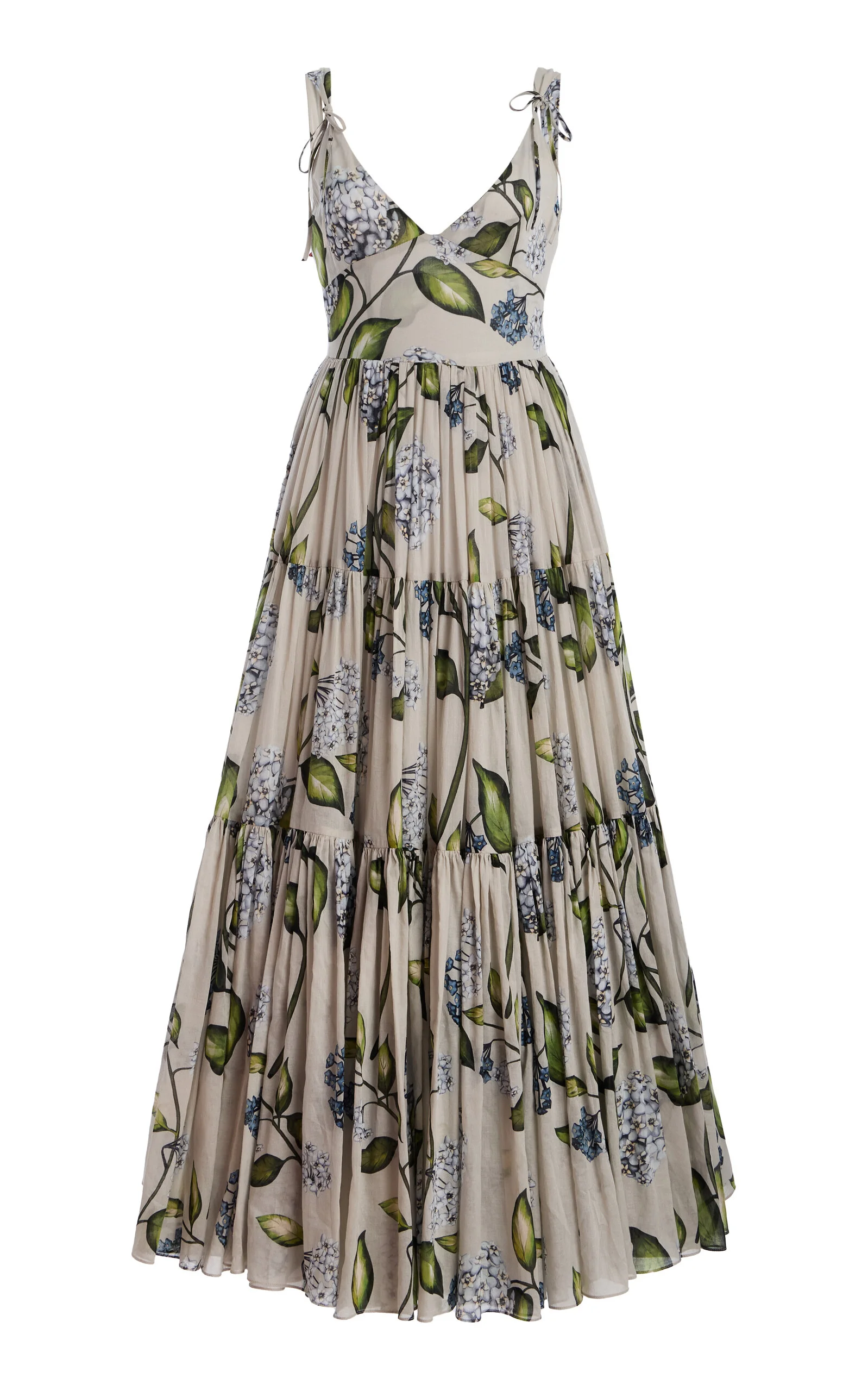Porcelain Flowers Pleated Cotton-Voile Midi Dress tan - 1