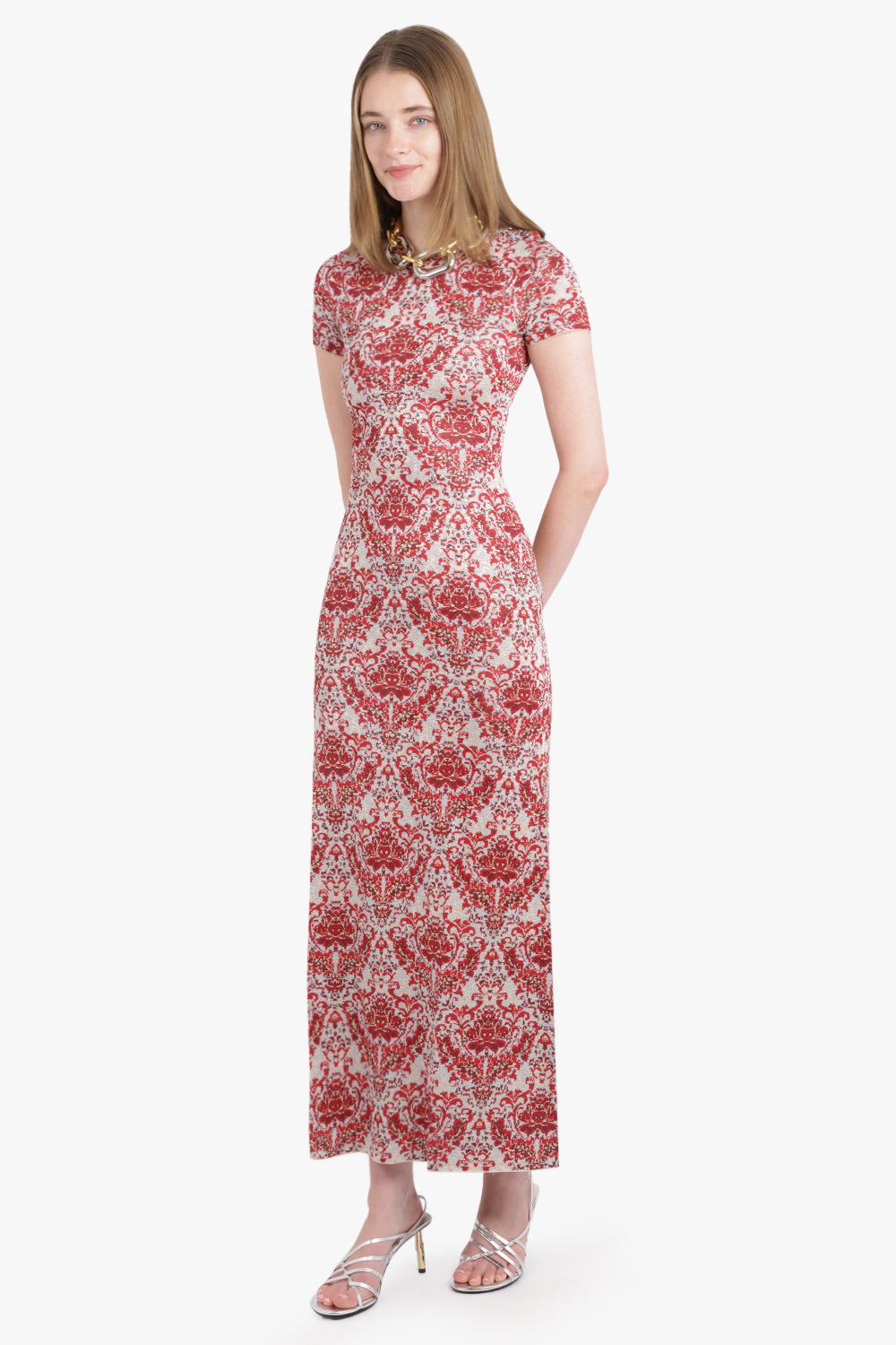 GEO PAISLEY PRINT S/S MAXI DRESS | RED/SILVER - 2