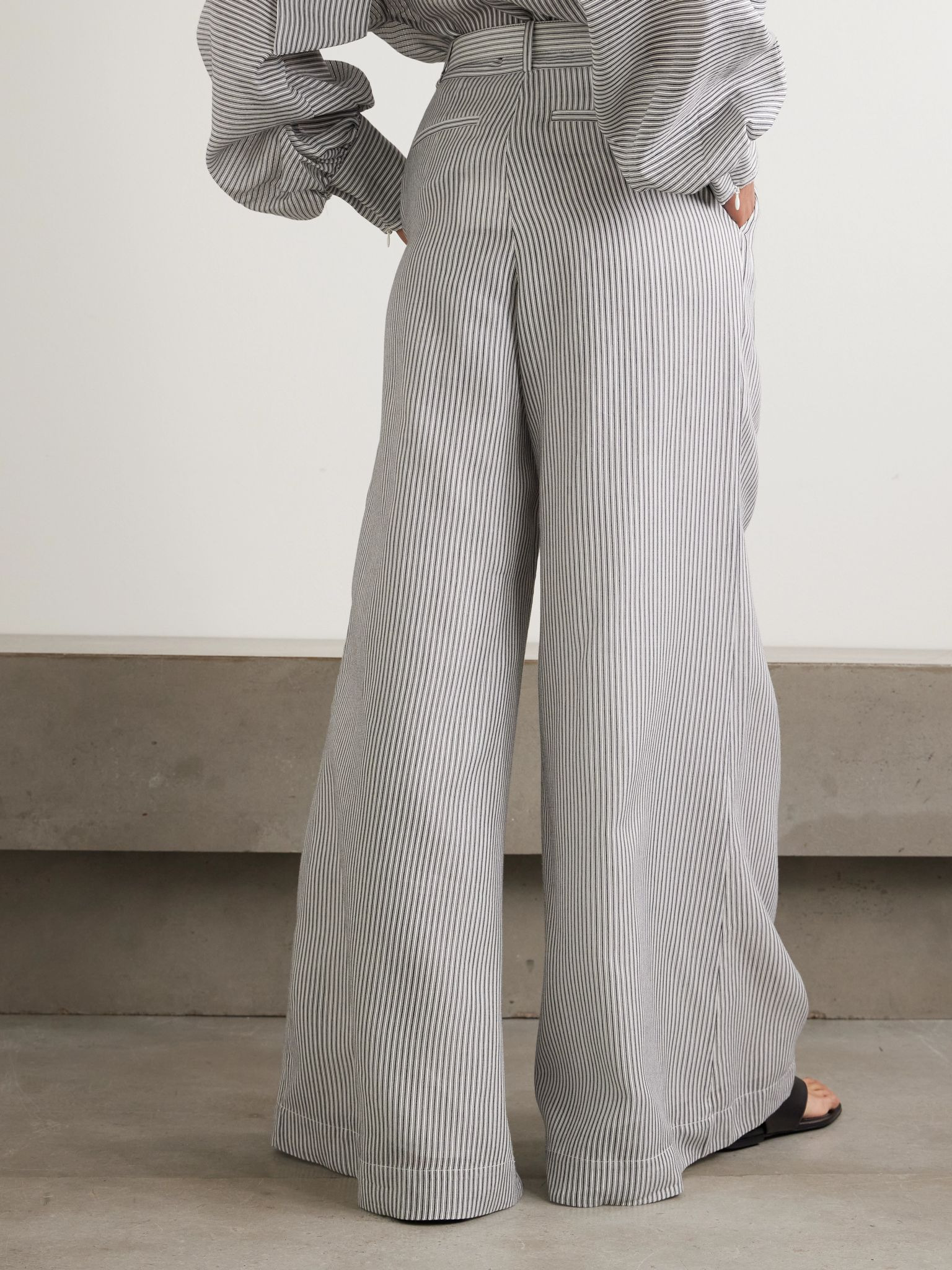 Belted striped cotton and silk-blend wide-leg pants Ivory - 3