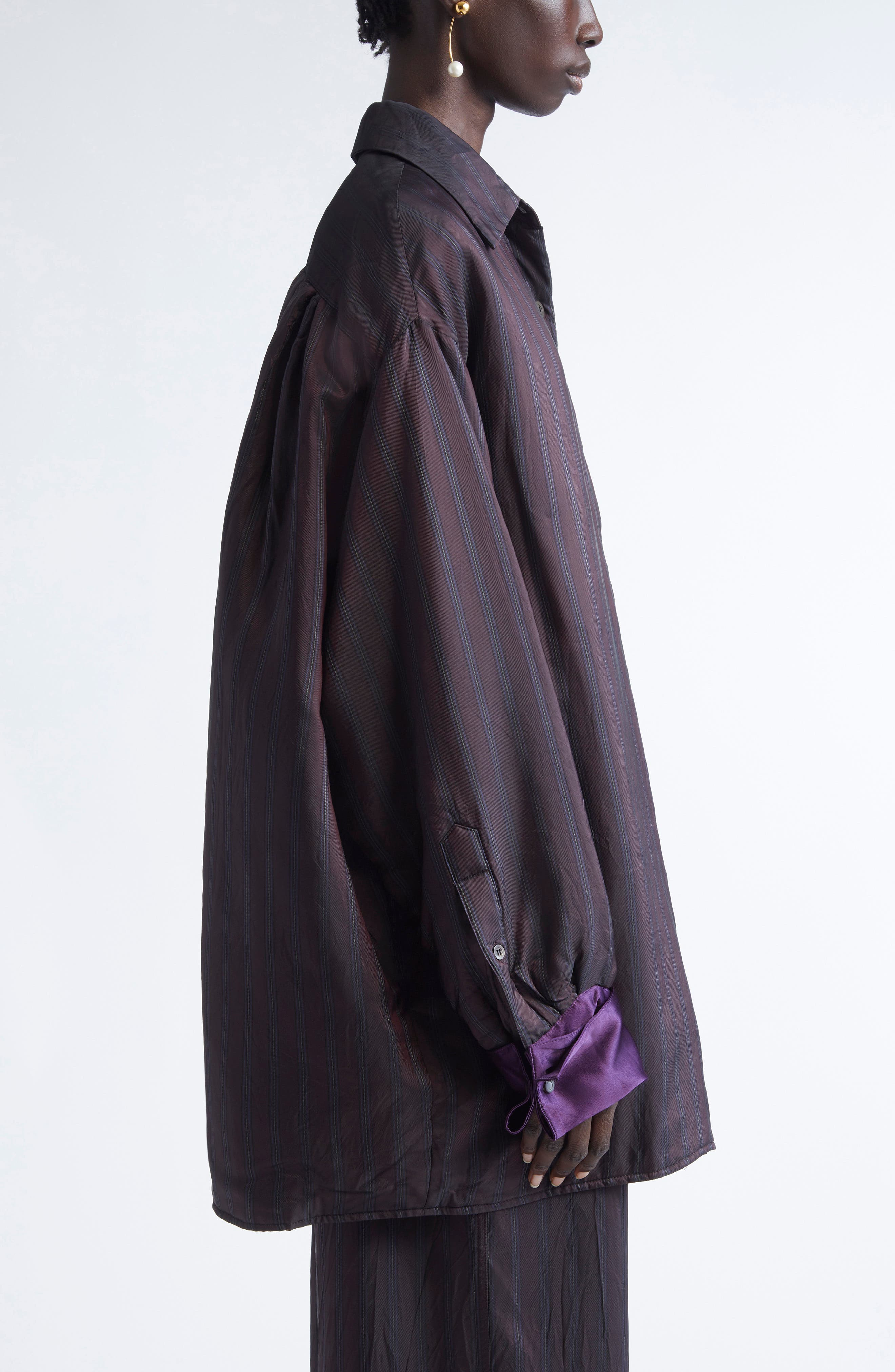 Dries Van Noten Cartan Oversize Padded Stripe Button-Up Shirt with Detachable Cuffs in Burgundy at N - 4