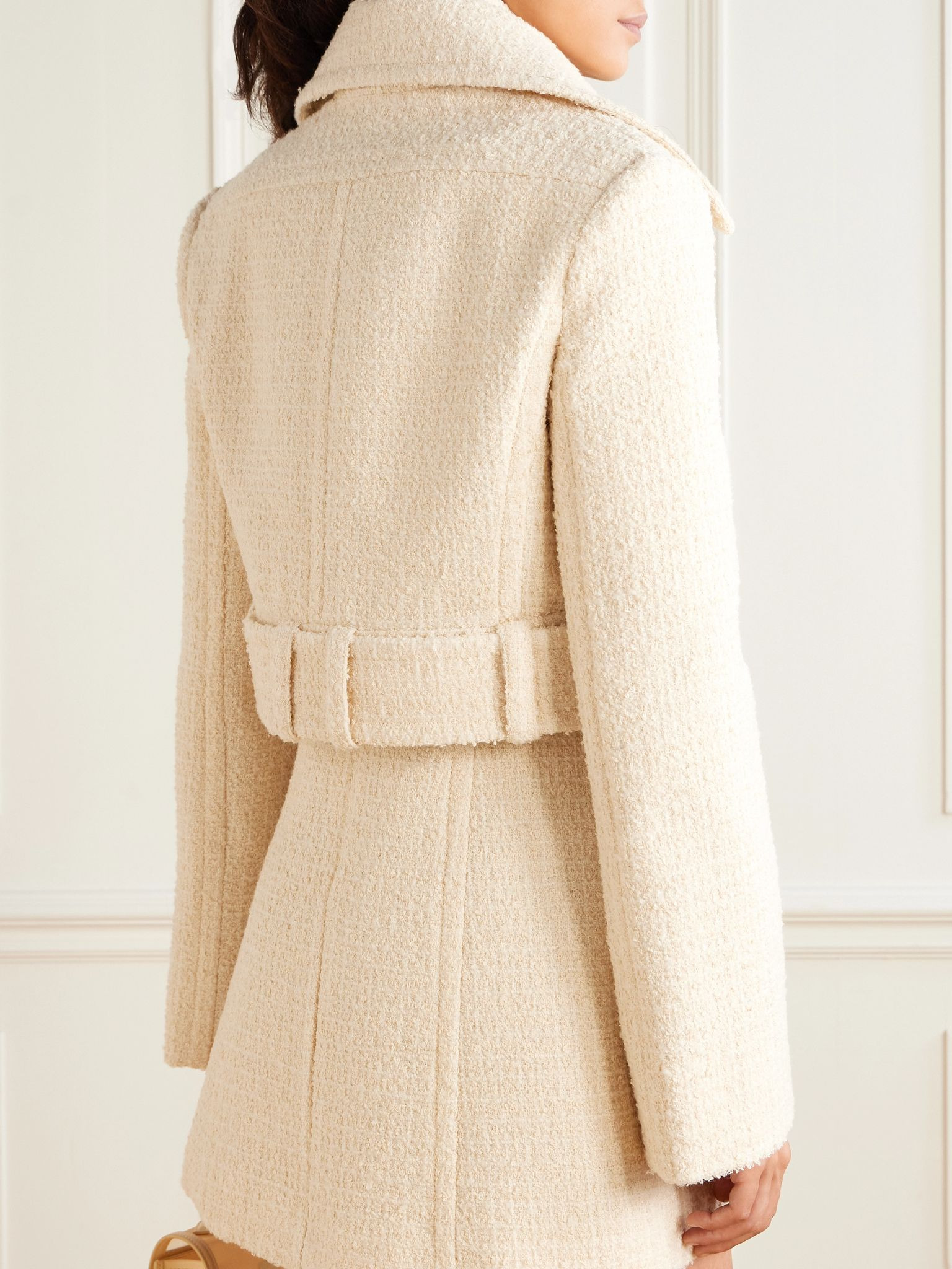 Belted appliquéd wool-blend tweed jacket Cream - 3