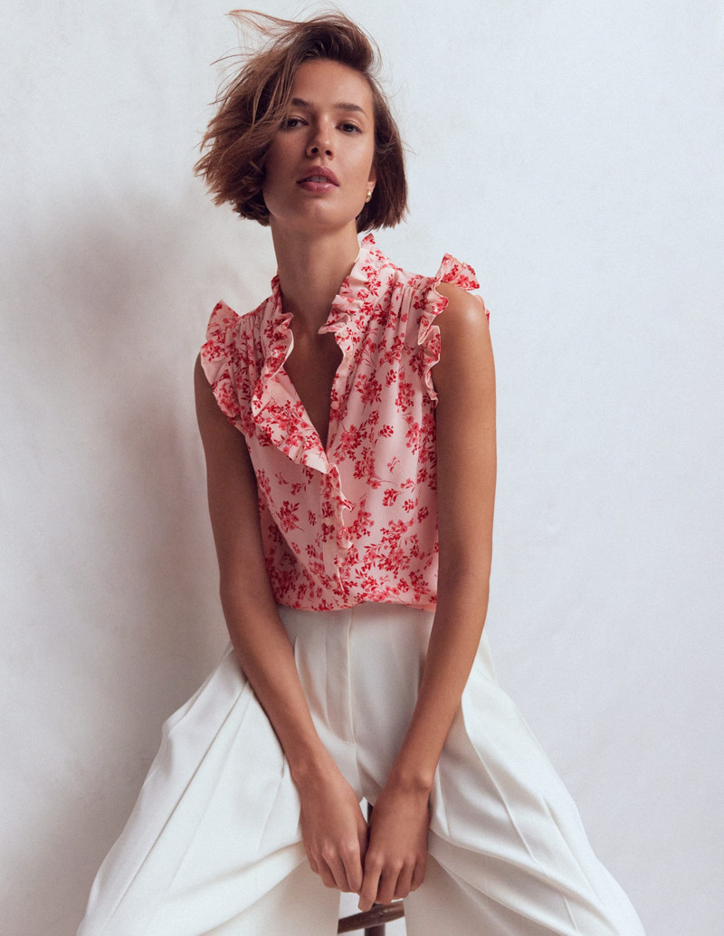 Isabel Sleeveless Silk Top-Pink, Bloom Scatter Mono 3