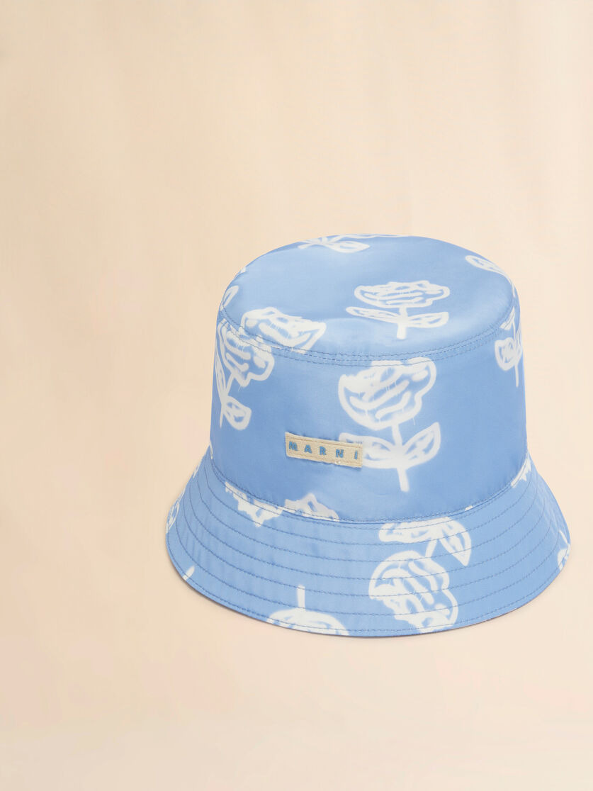 LIGHT BLUE TAFFETA BUCKET HAT WITH SPRAYED ROSES PRINT - 4