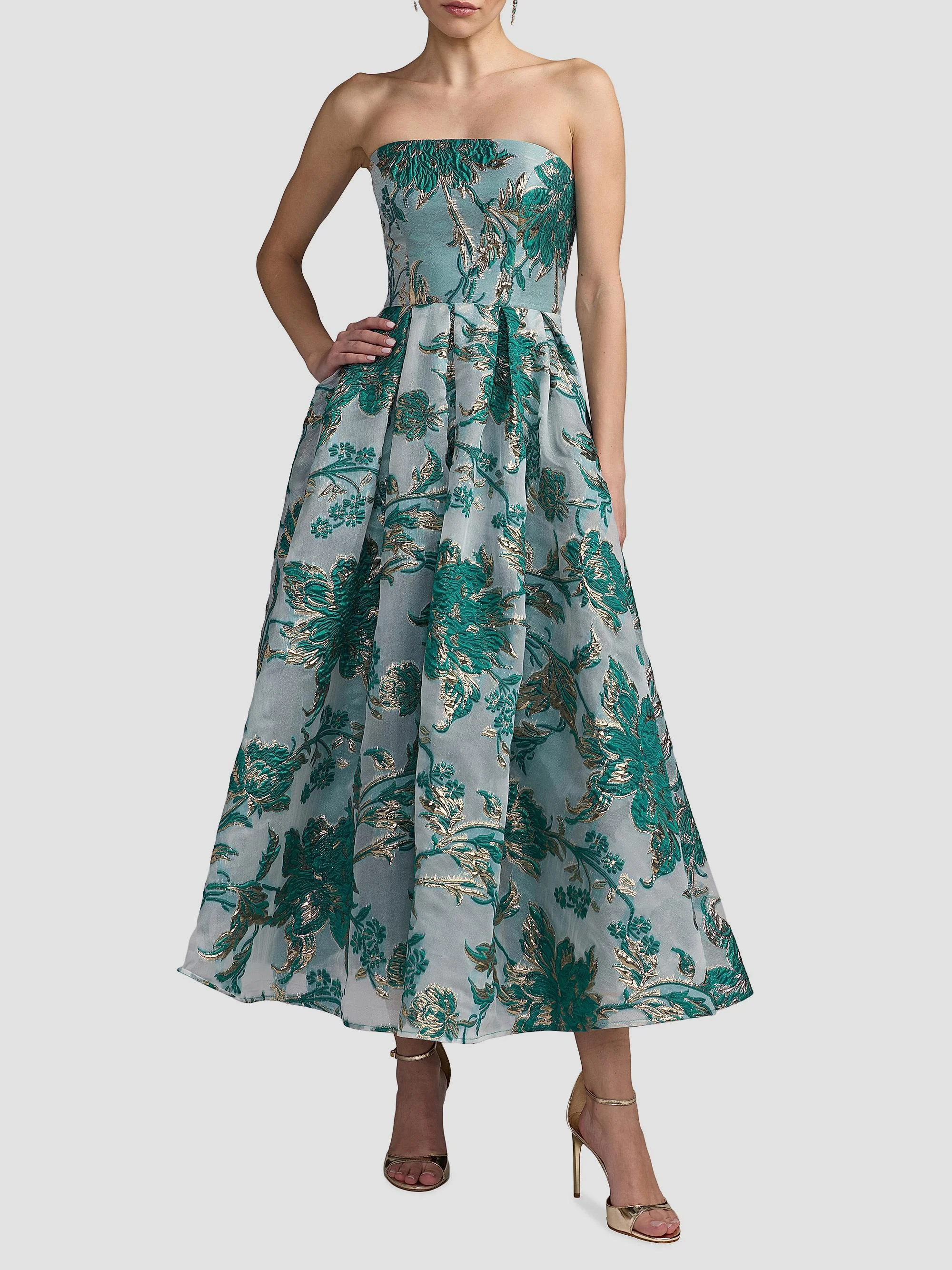 Women's Strapless Brocade Midi-Dress - Teal - 1