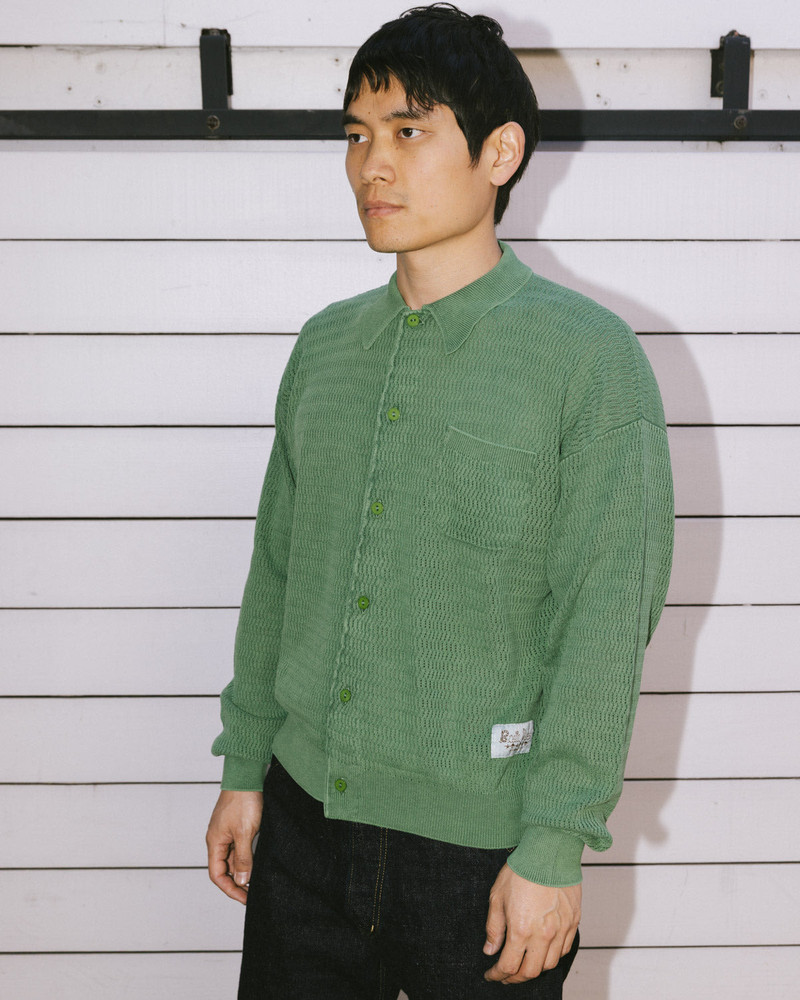 Pigment Dye Long Sleeve Polo Sweater - Green 6