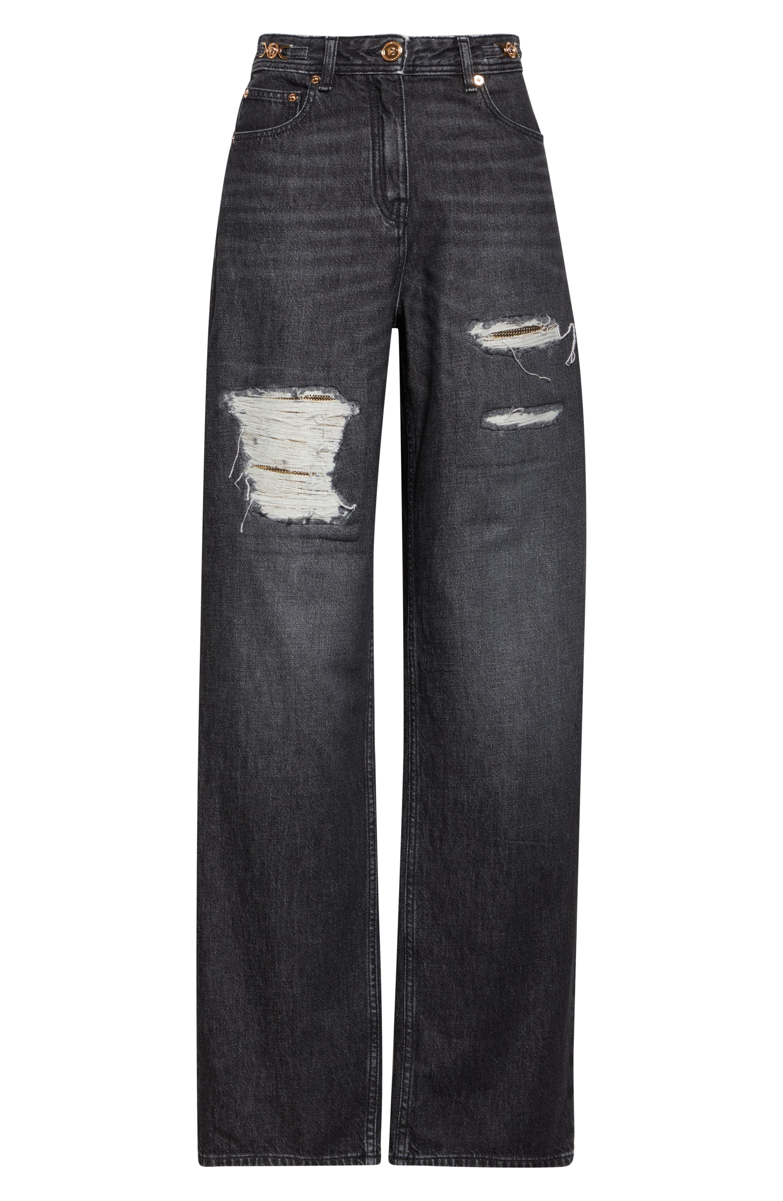 Versace Rip & Repair Straight Leg Jeans in Black at Nordstrom - 6