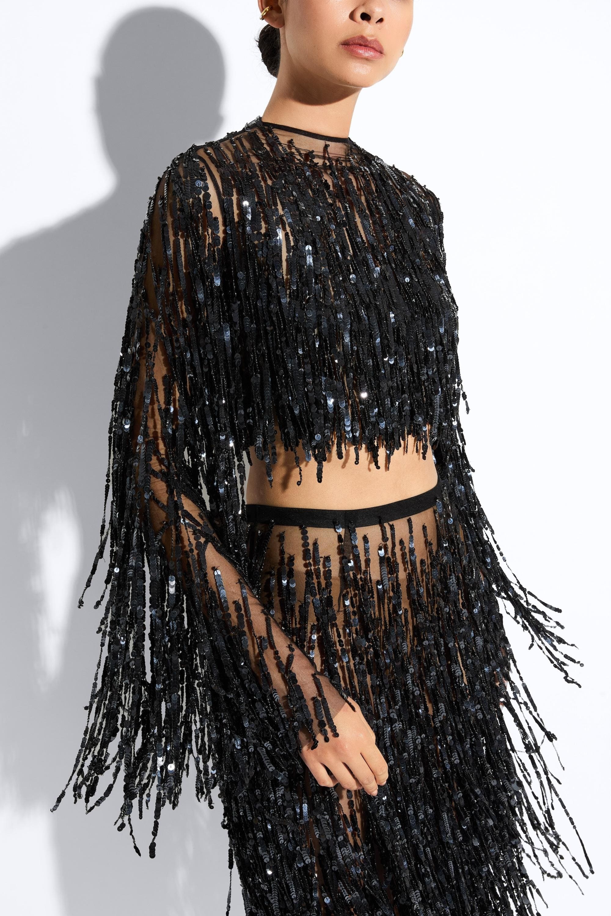 Fringe Sequin Cropped Top - 4