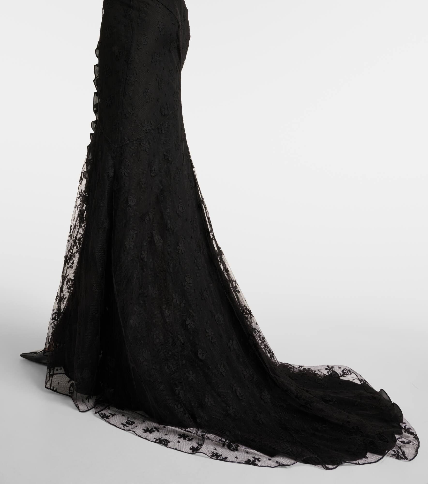 Bow-detail ruffled off-shoulder lace gown - 6