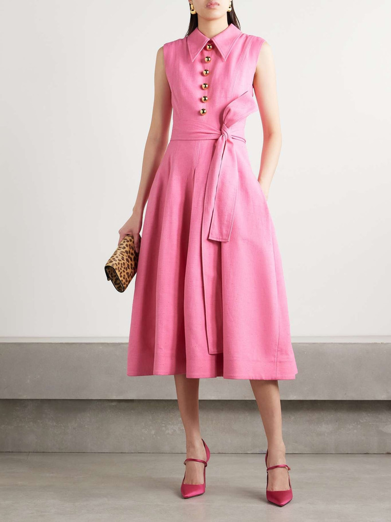CAROLINA HERRERA Belted woven midi shirt dress Bright pink outlook