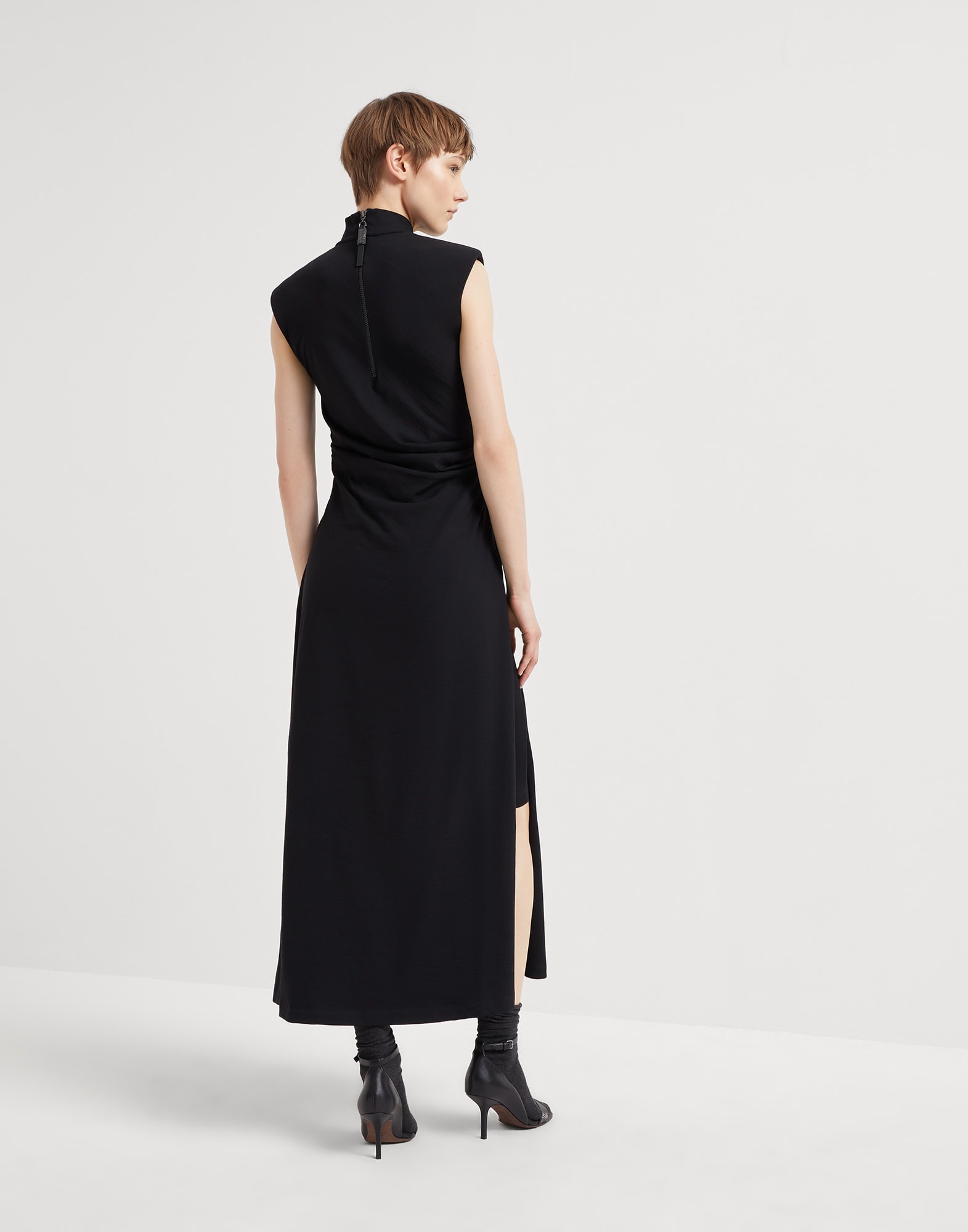 Stretch virgin wool jersey draped dress with shiny zipper pull - 2